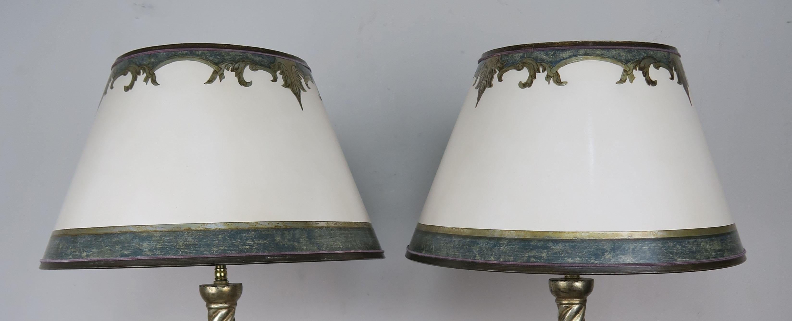 Pair of Carved Italian Borghese Lamps with Parchment Shades For Sale 3