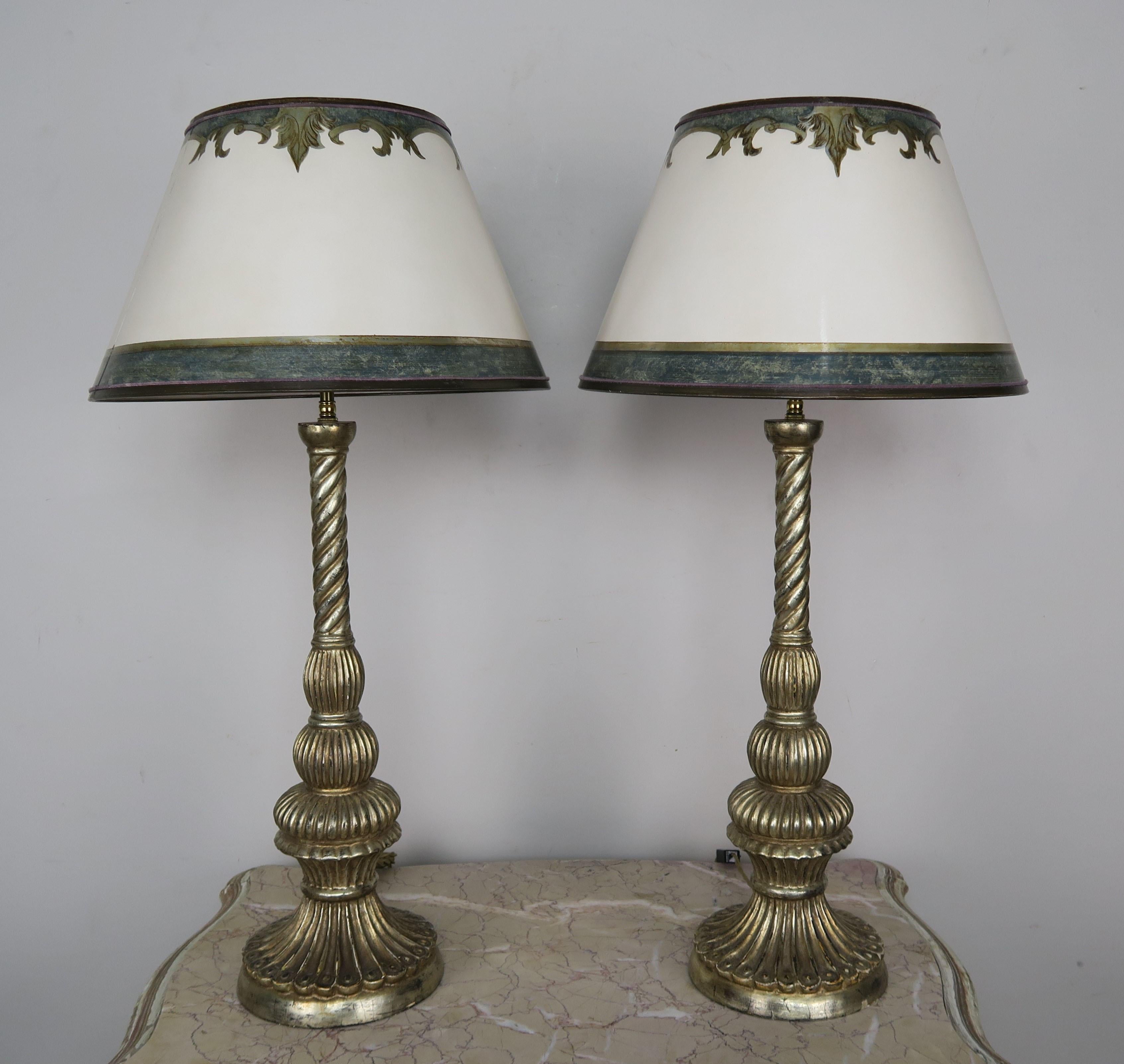 Pair of Carved Italian Borghese Lamps with Parchment Shades For Sale 5
