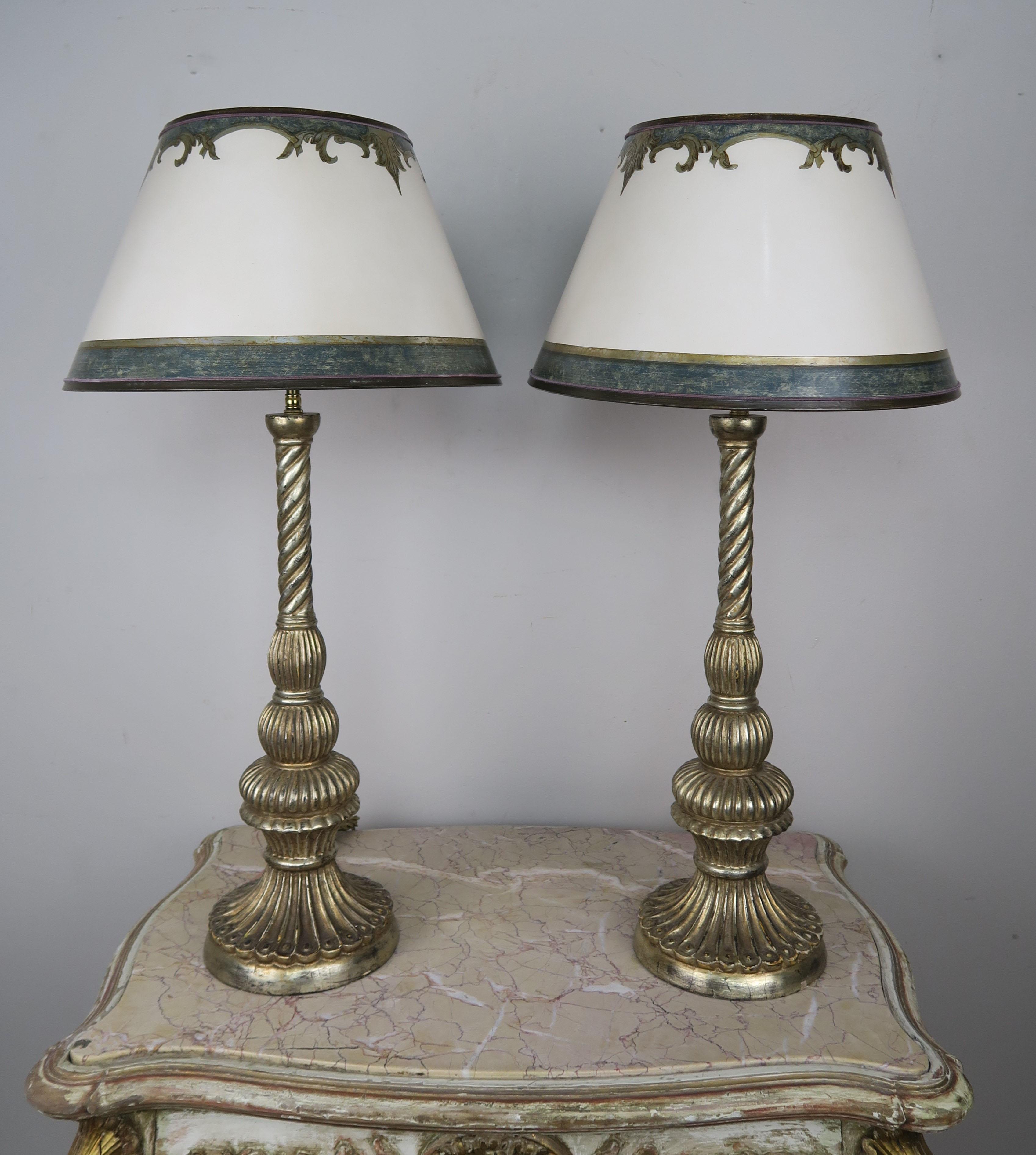 Silvered Pair of Carved Italian Borghese Lamps with Parchment Shades For Sale