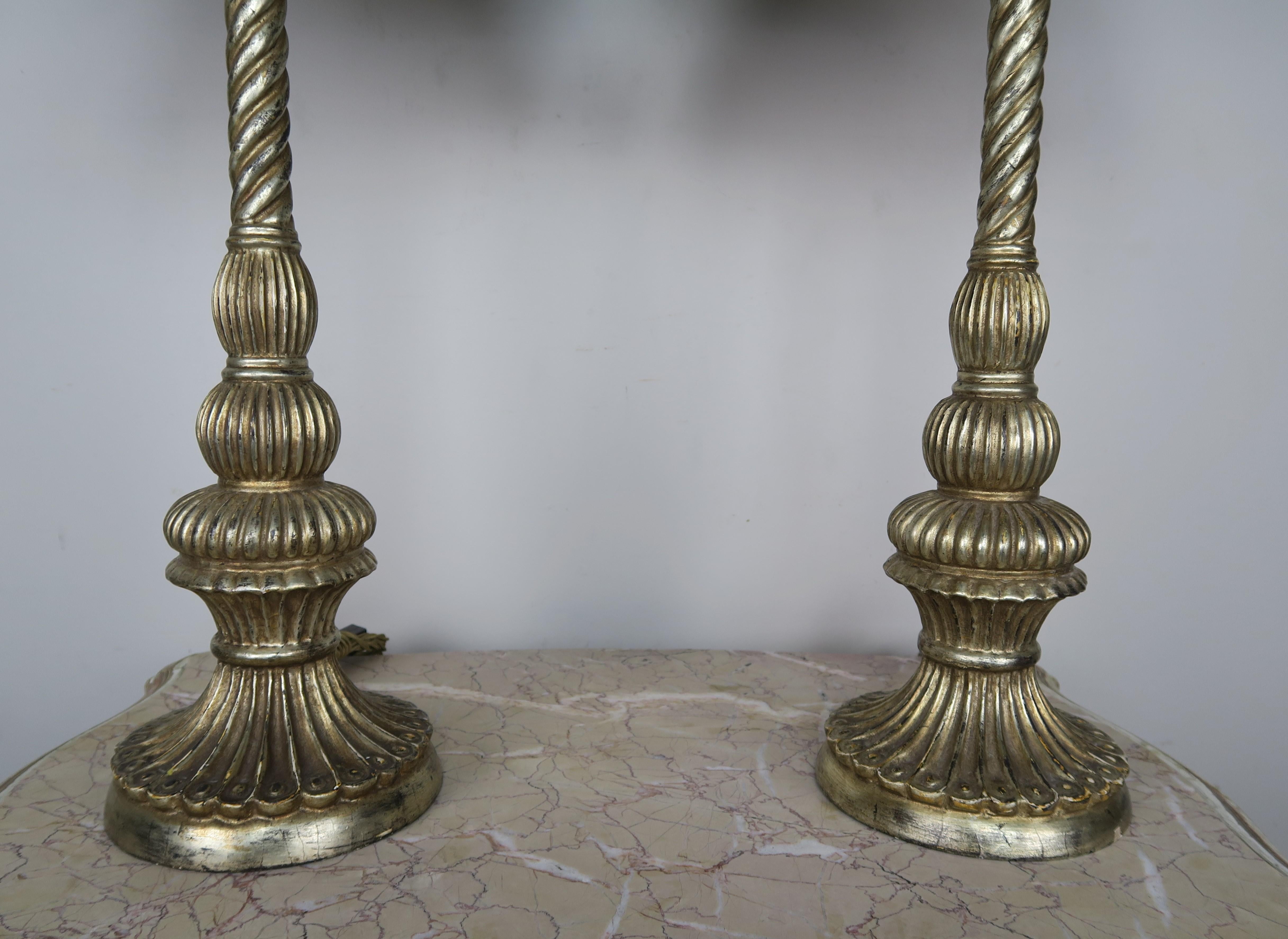 Pair of Carved Italian Borghese Lamps with Parchment Shades In Distressed Condition For Sale In Los Angeles, CA