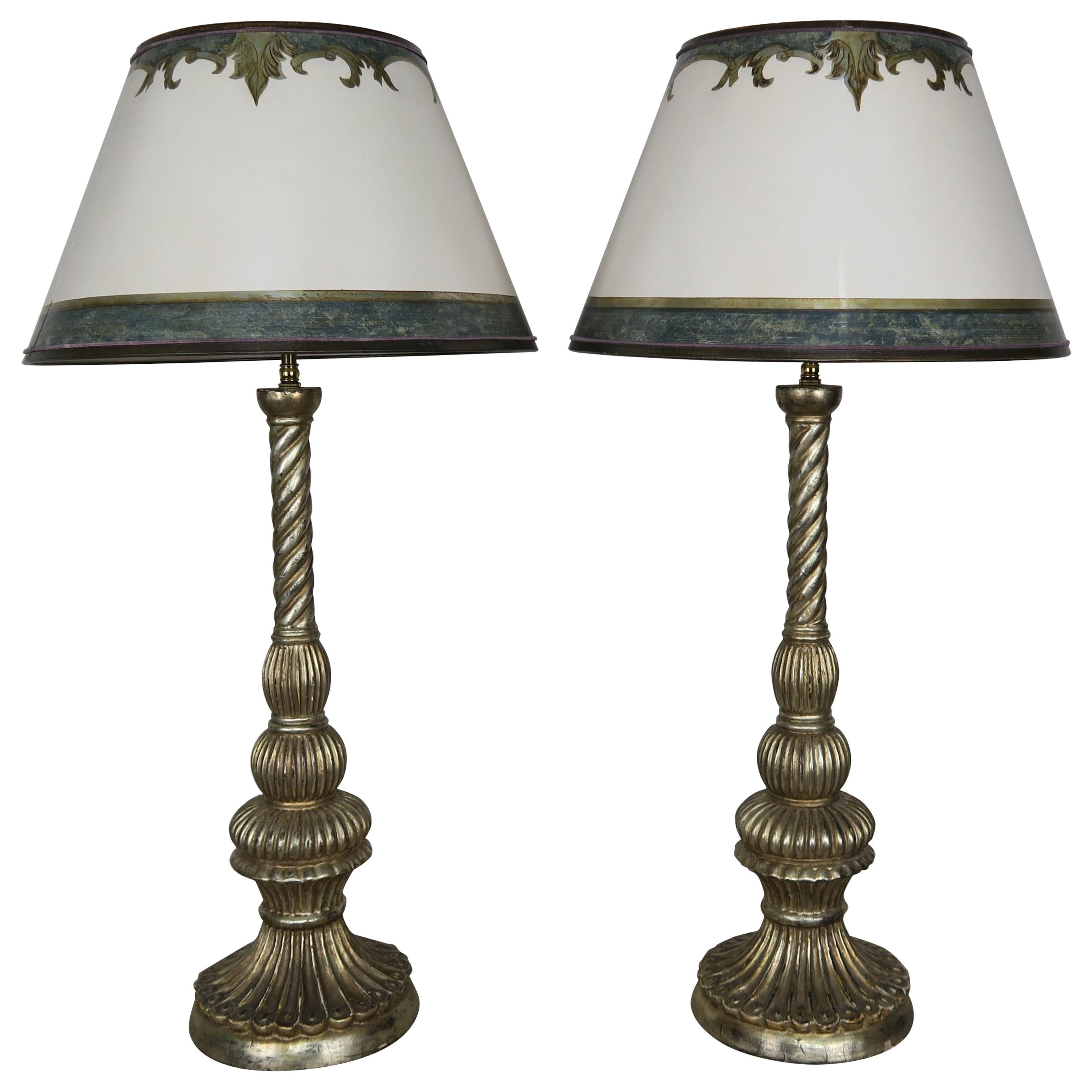 Pair of Carved Italian Borghese Lamps with Parchment Shades For Sale