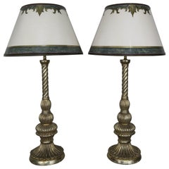 Vintage Pair of Carved Italian Borghese Lamps with Parchment Shades