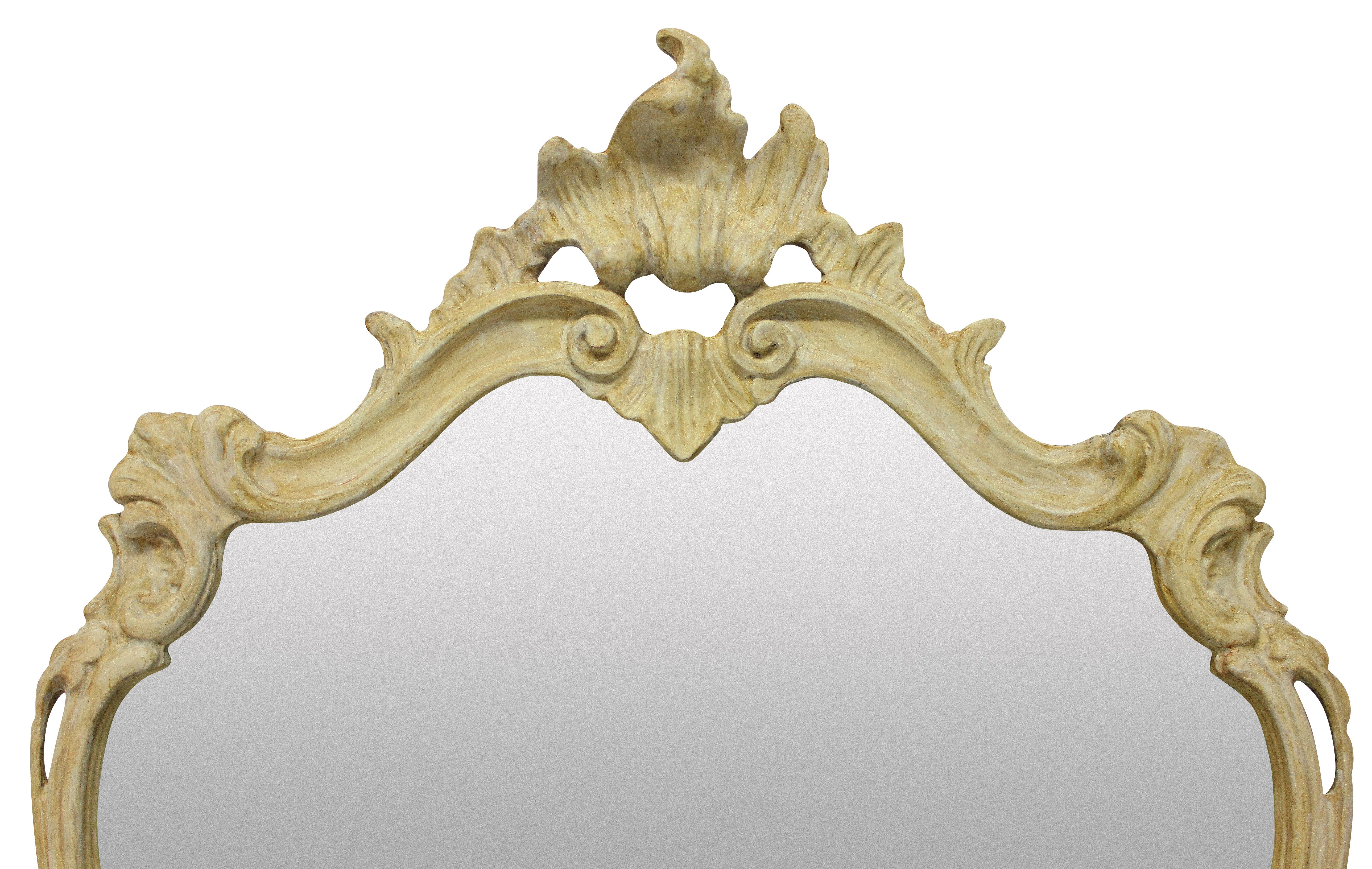 Fruitwood Pair of Carved Italian Cartouche Mirrors in Gesso
