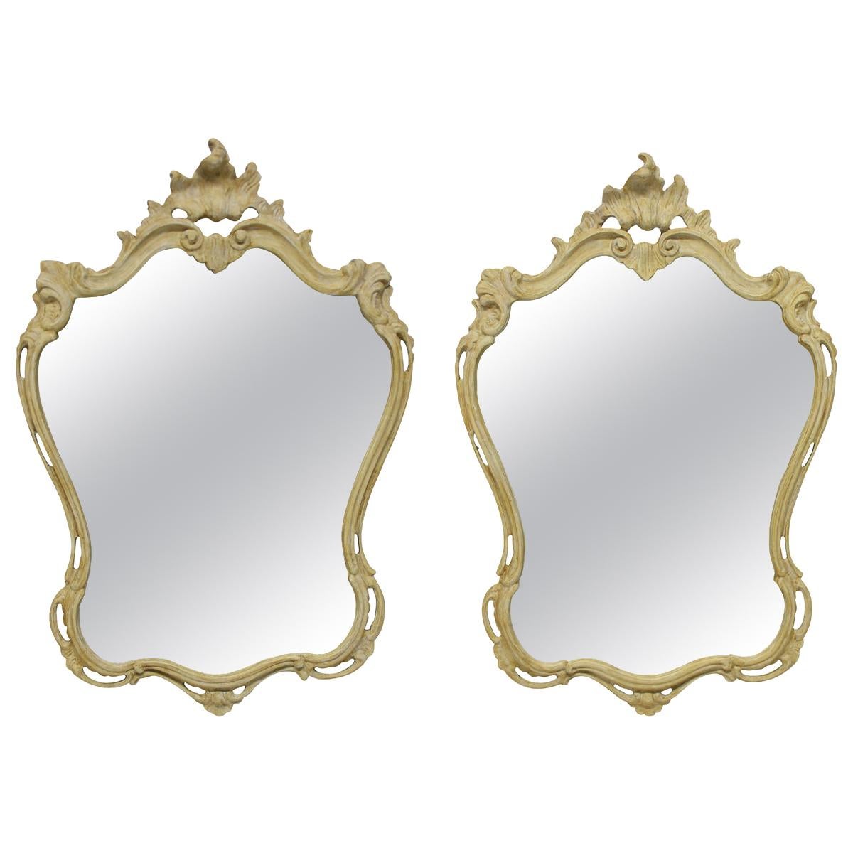 Pair of Carved Italian Cartouche Mirrors in Gesso