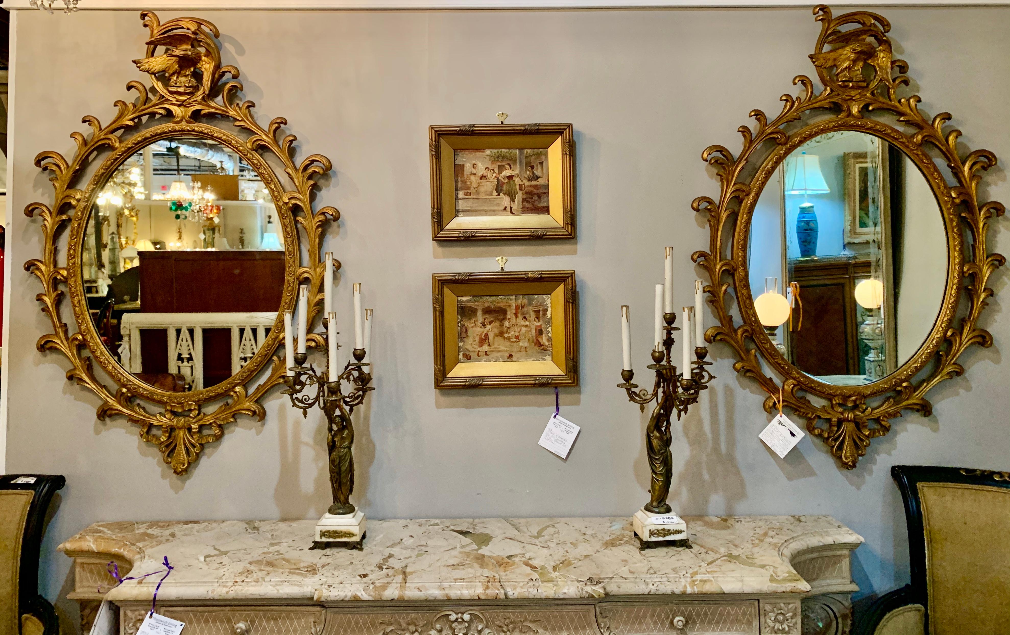 Baroque Pair of Carved Italian Gilt Decorated Carved Eagle Frame Wall Console Mirrors For Sale