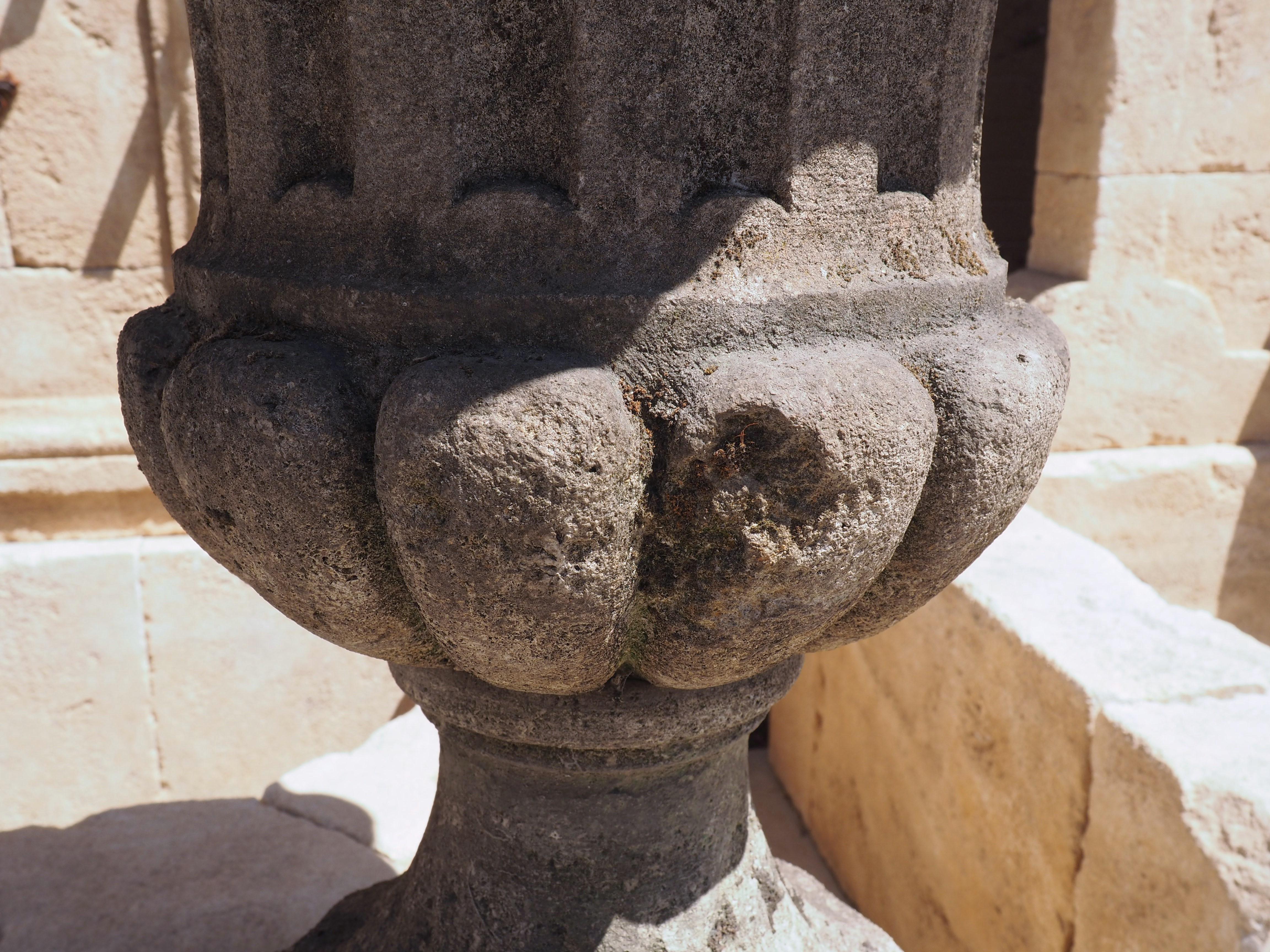 Pair of Carved Italian Limestone Vases on Pedestals, Circa 1960s 5