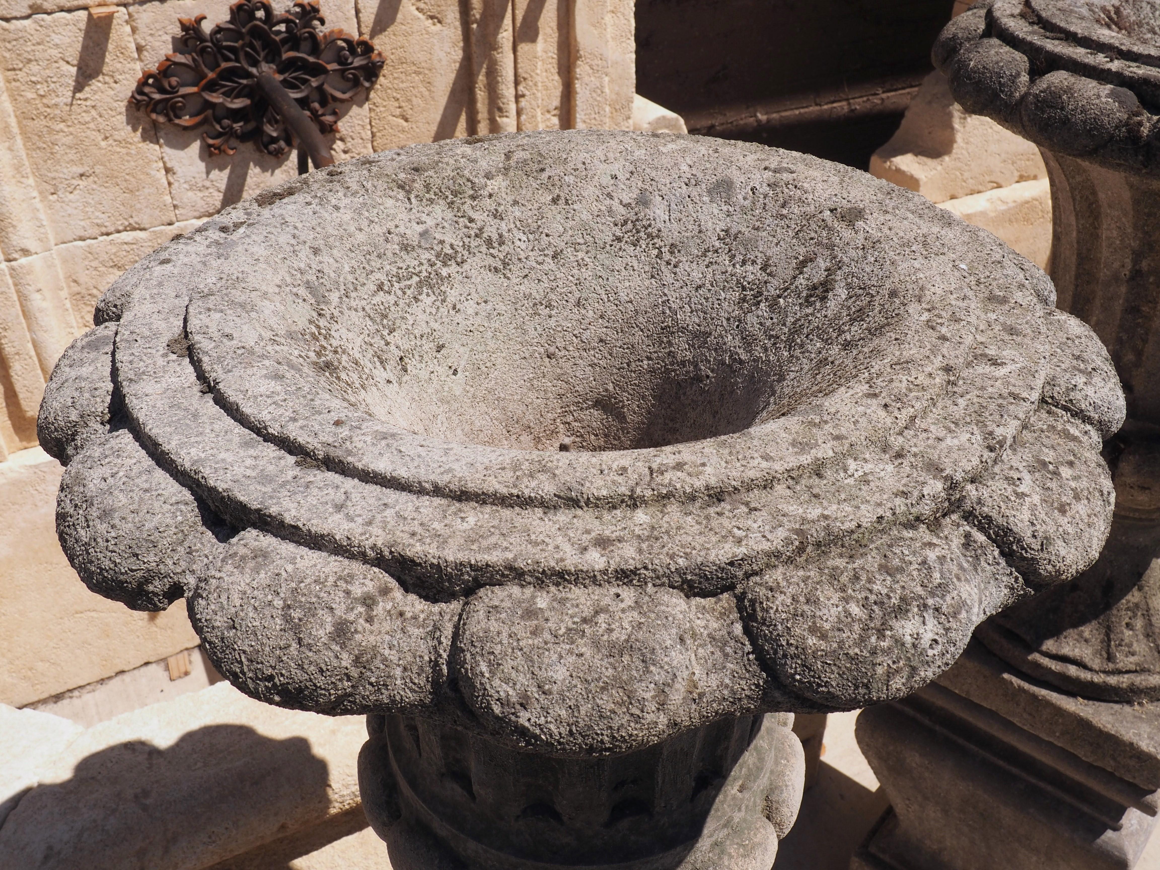 Pair of Carved Italian Limestone Vases on Pedestals, Circa 1960s 6