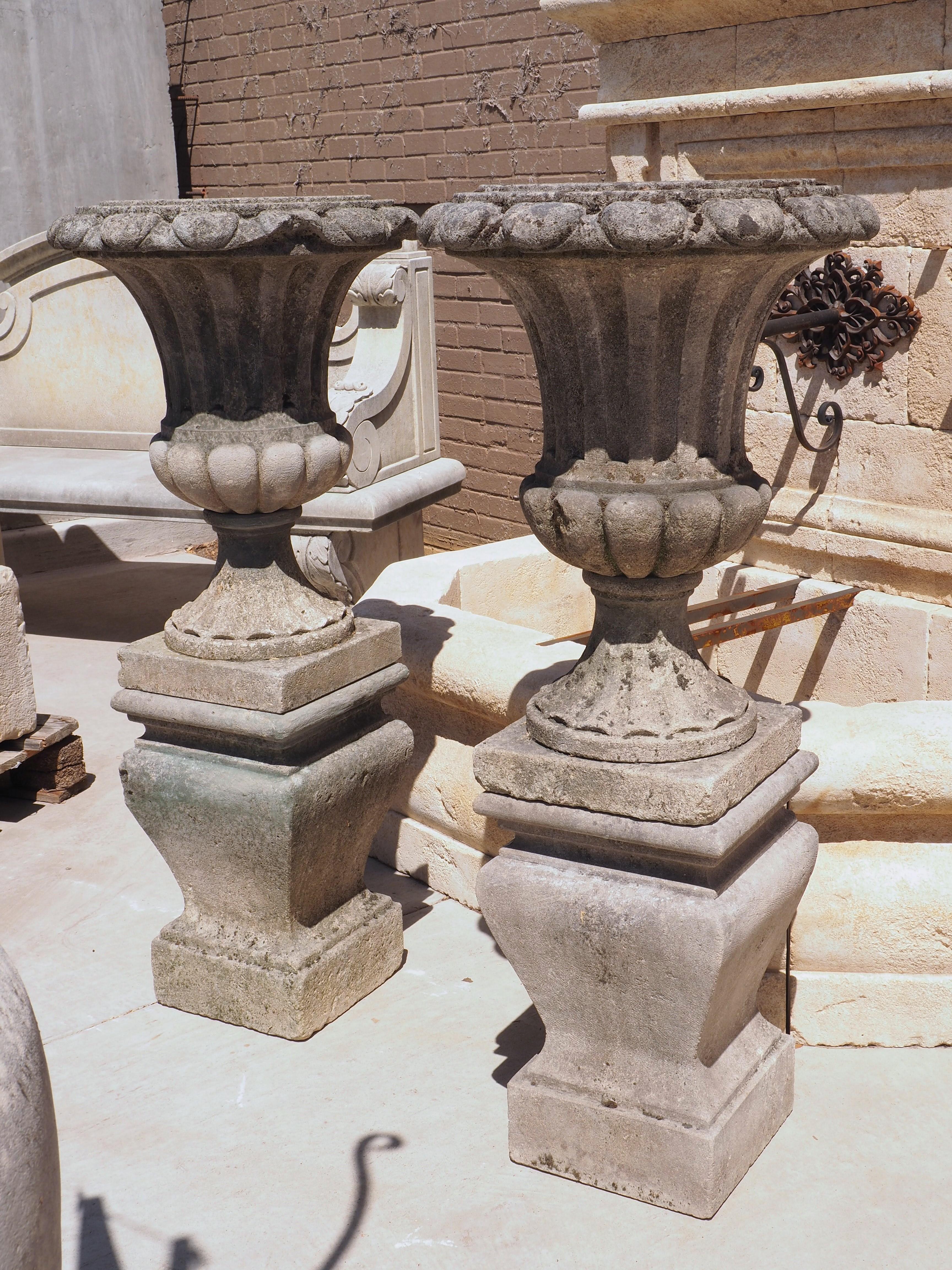 Pair of Carved Italian Limestone Vases on Pedestals, Circa 1960s 10