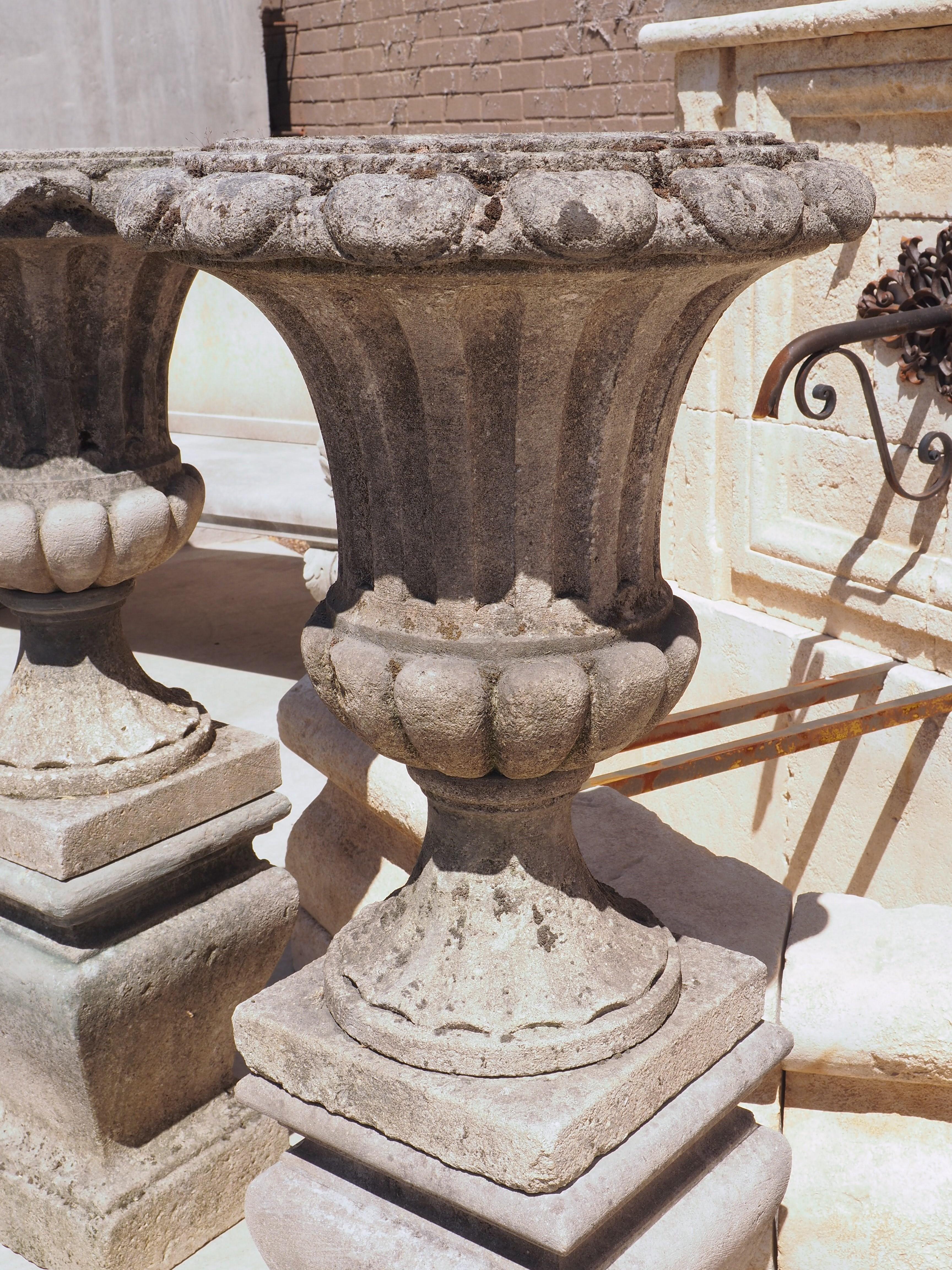 Pair of Carved Italian Limestone Vases on Pedestals, Circa 1960s 11