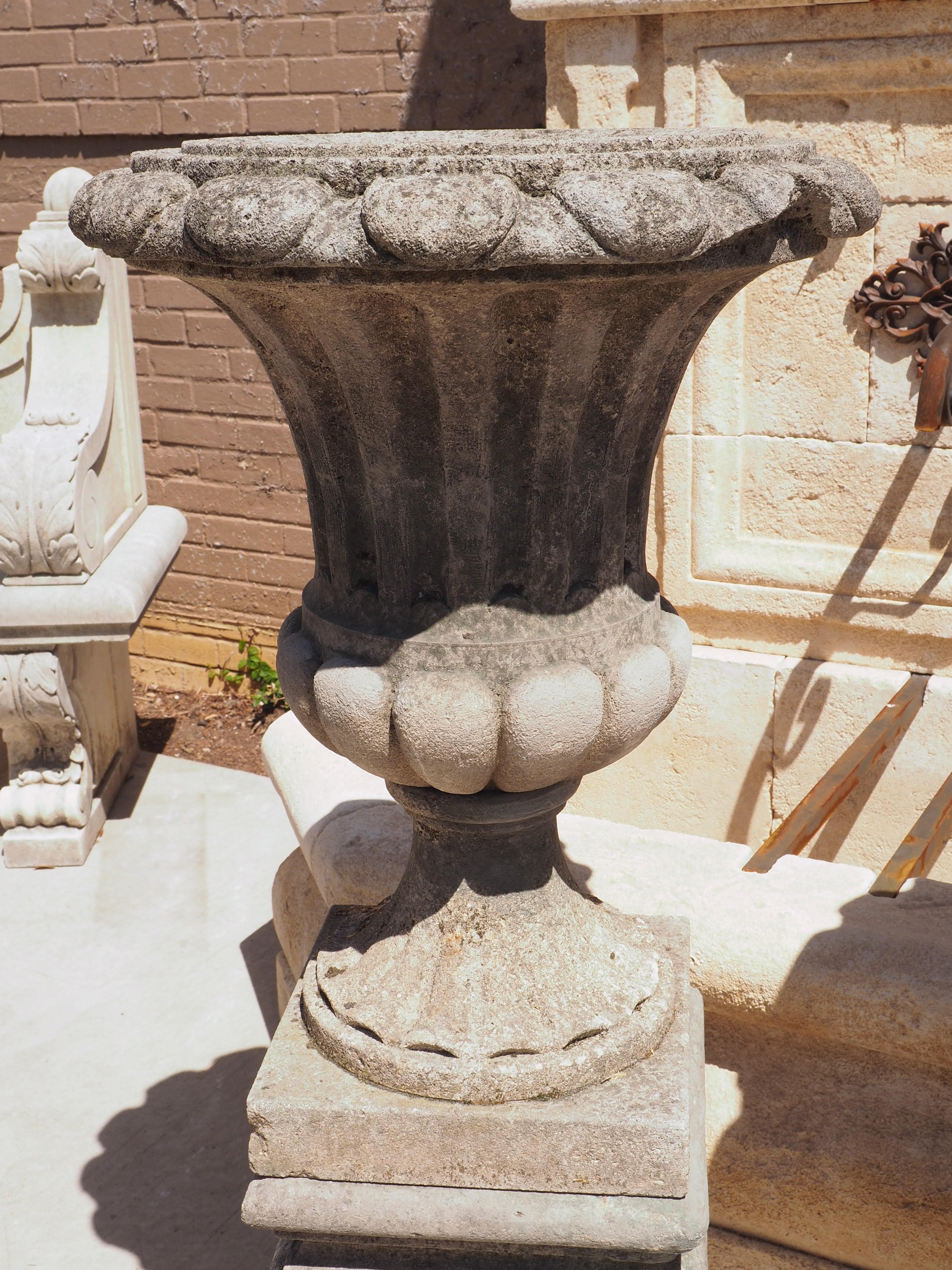 Pair of Carved Italian Limestone Vases on Pedestals, Circa 1960s 12