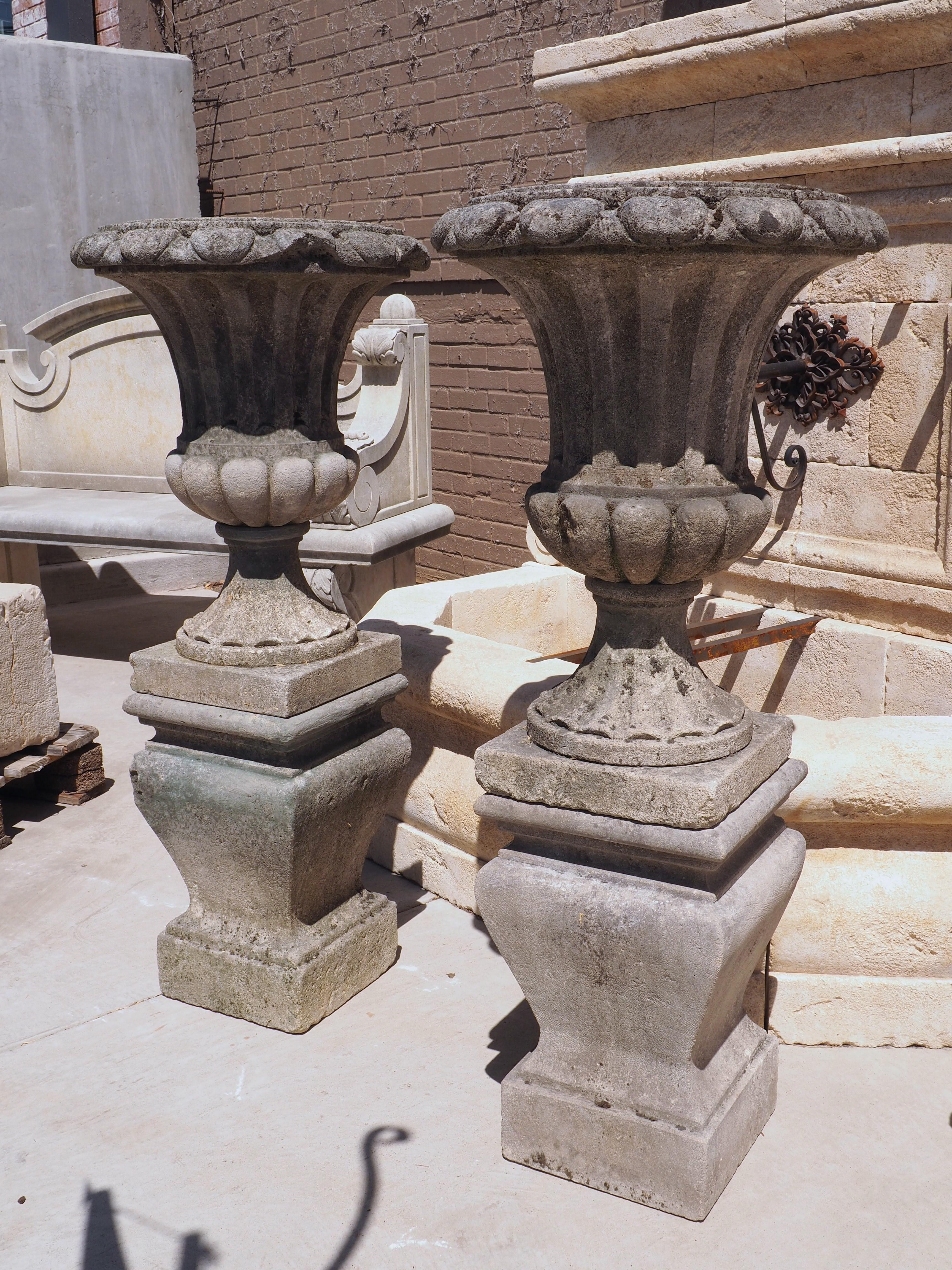 Hand-Carved Pair of Carved Italian Limestone Vases on Pedestals, Circa 1960s