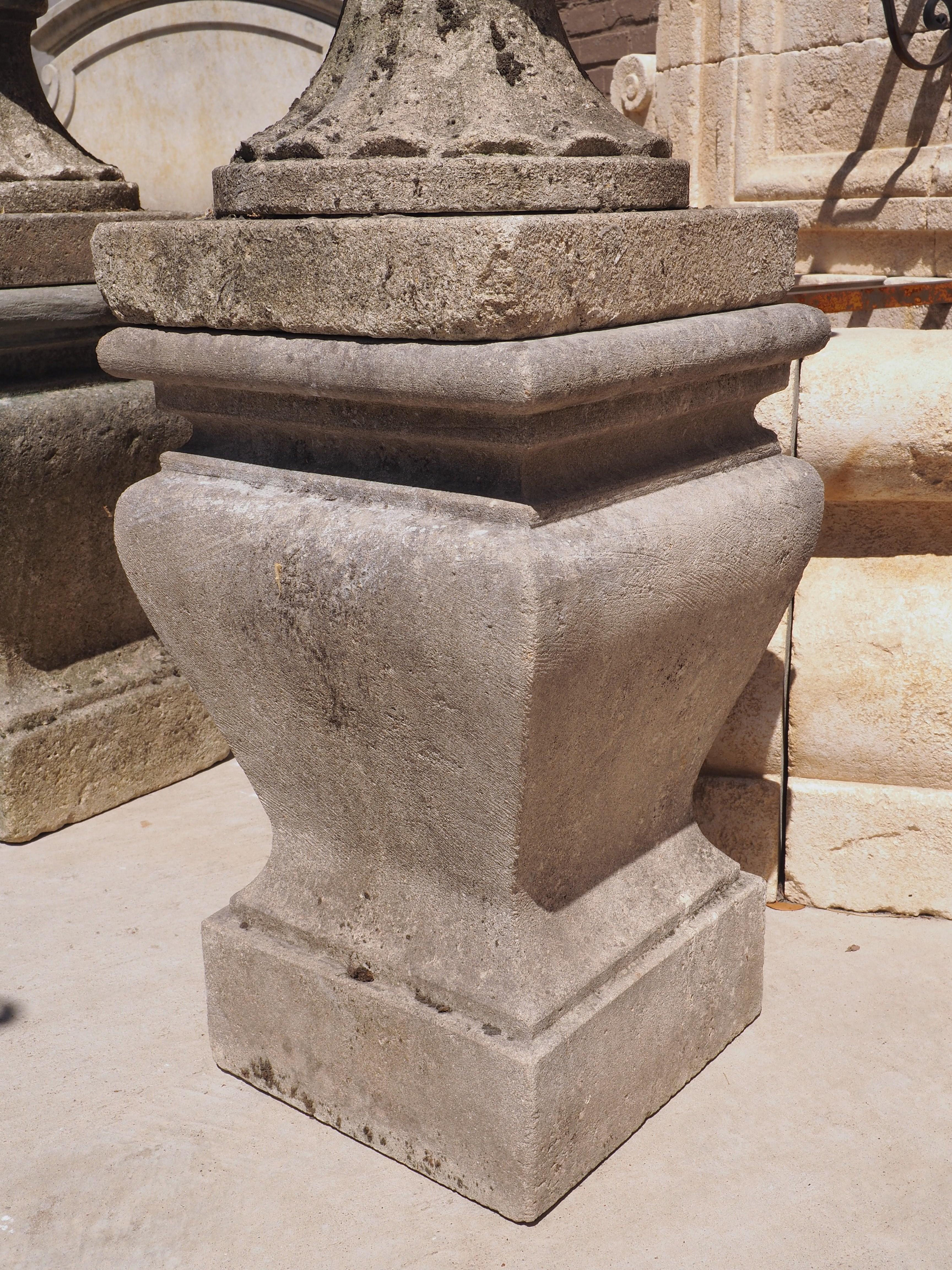 Mid-20th Century Pair of Carved Italian Limestone Vases on Pedestals, Circa 1960s