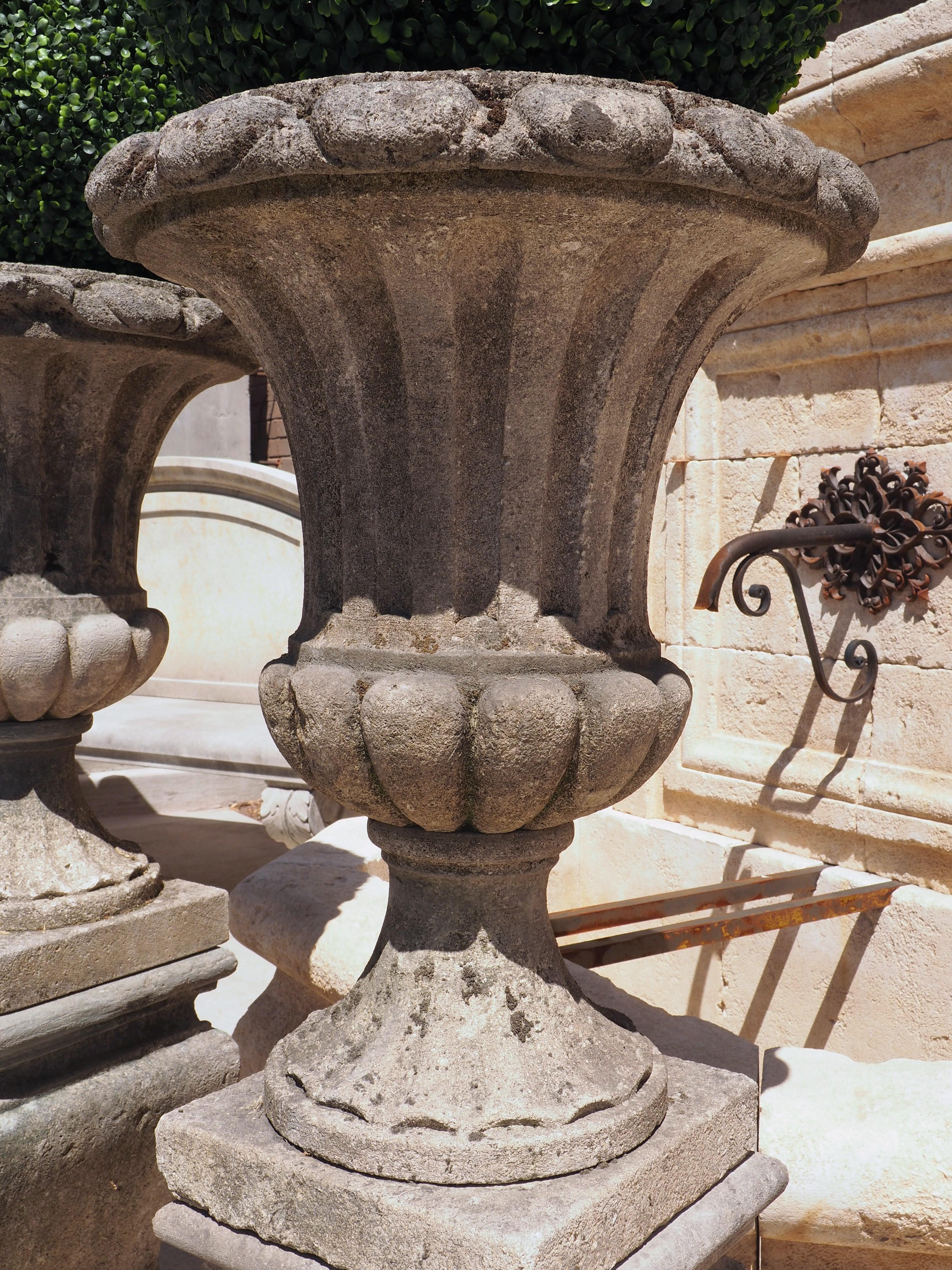 Pair of Carved Italian Limestone Vases on Pedestals, Circa 1960s 1