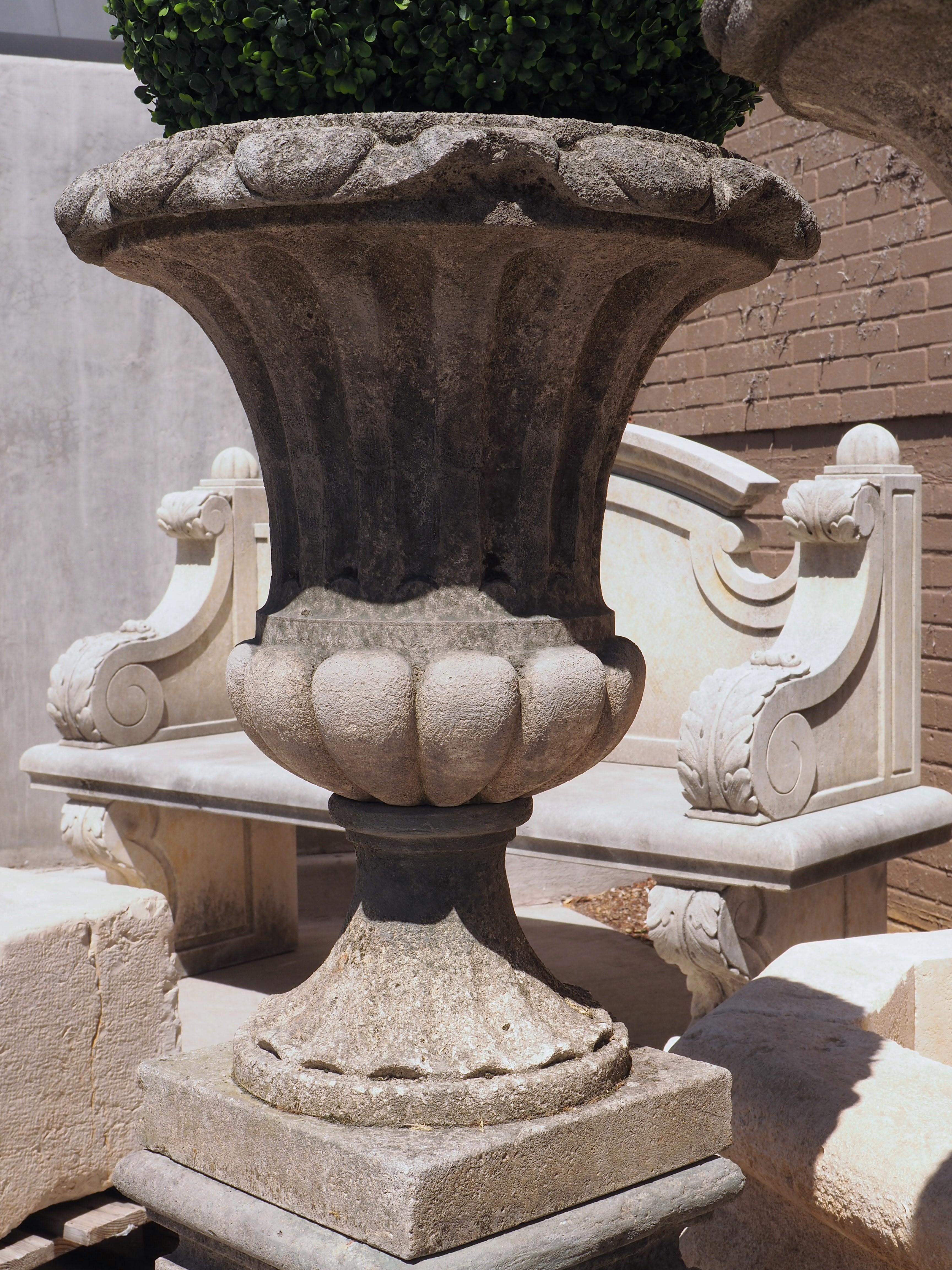 Pair of Carved Italian Limestone Vases on Pedestals, Circa 1960s 3