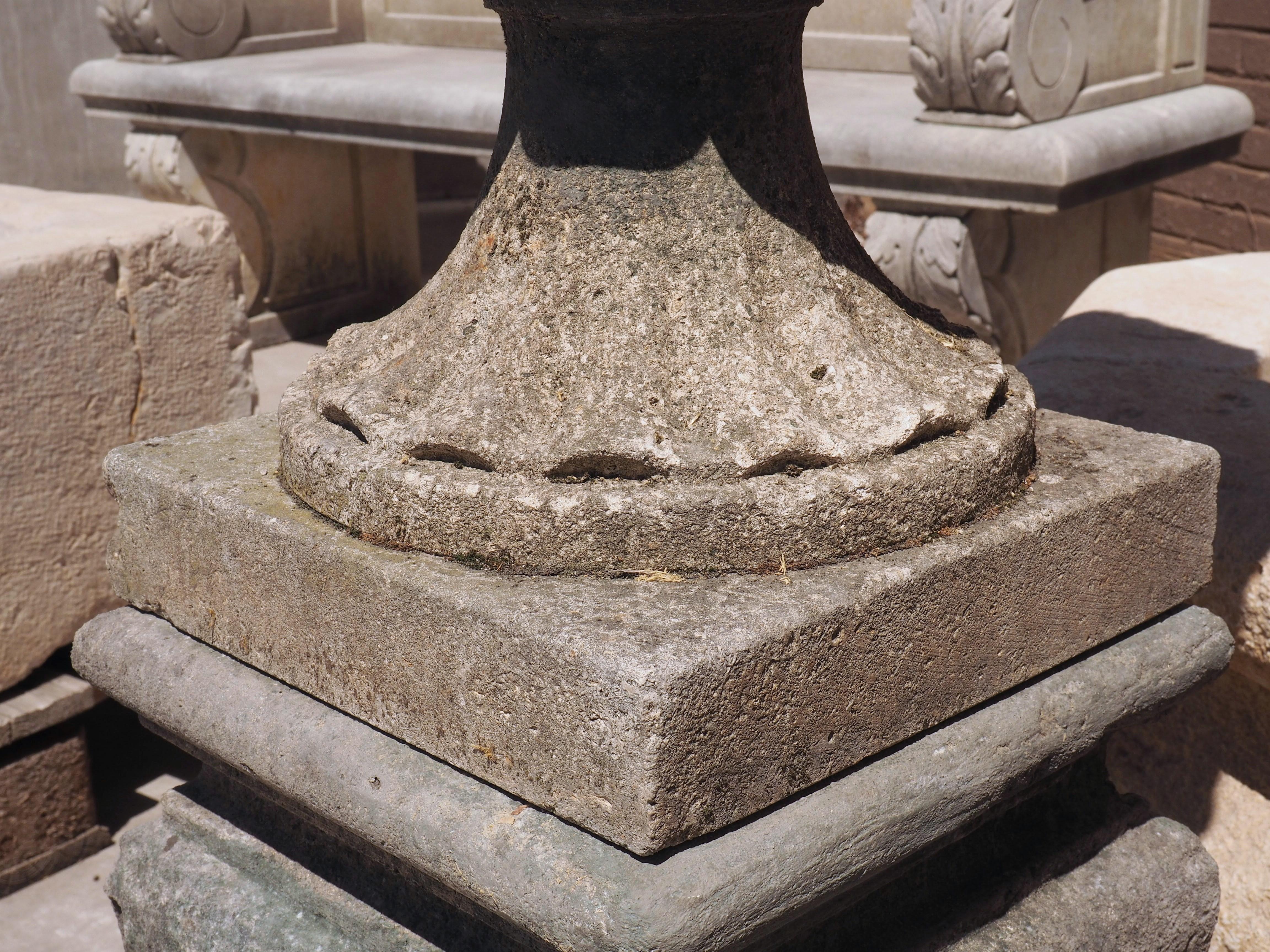 Pair of Carved Italian Limestone Vases on Pedestals, Circa 1960s 4