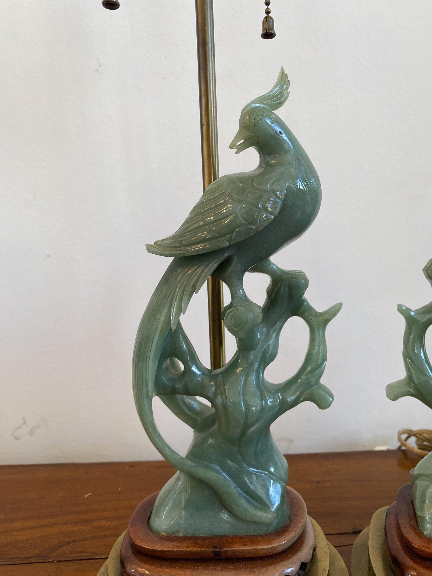 Hand-Carved Pair of Carved Jade Phoenix Lamps
