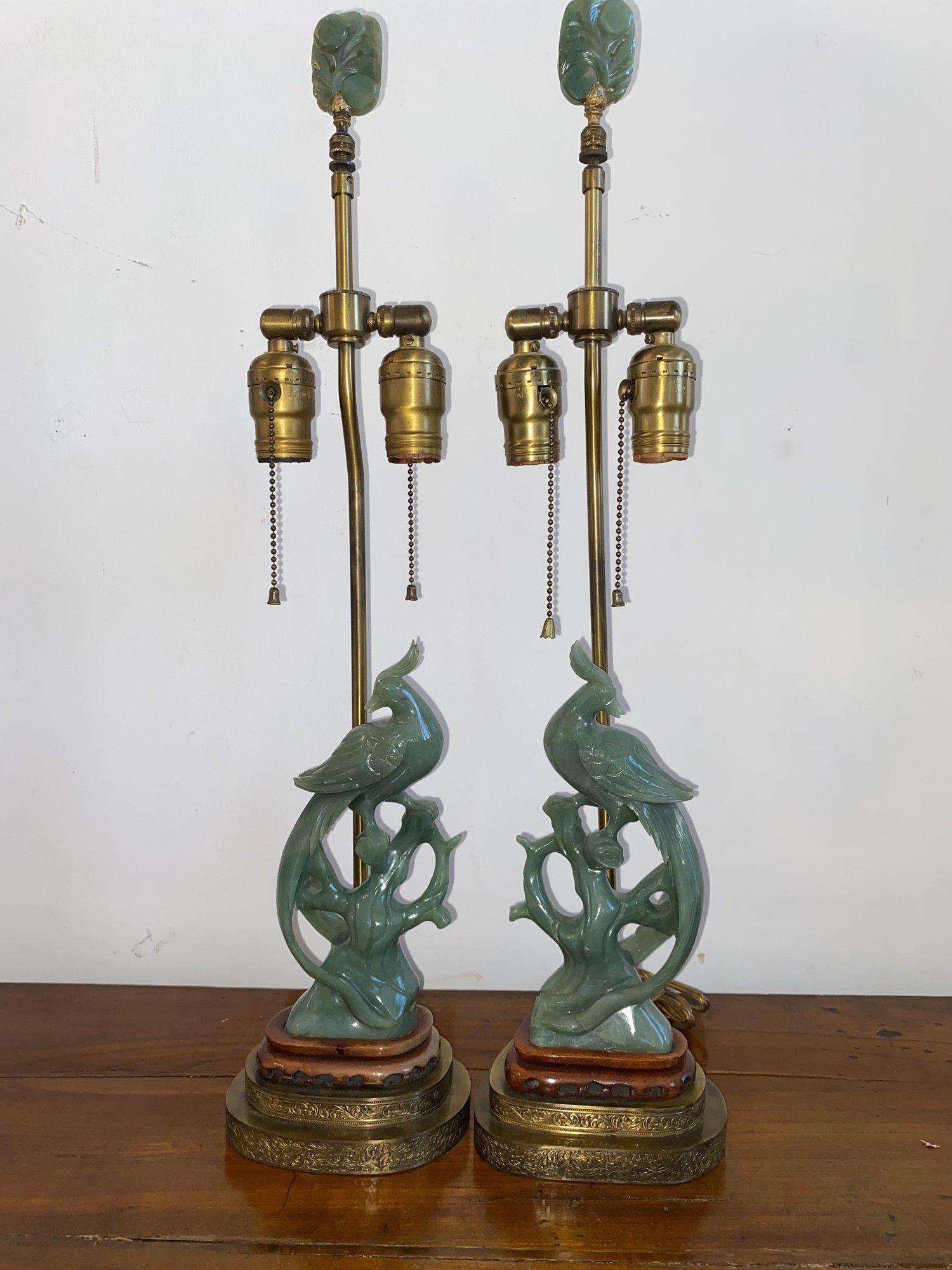 Pair of Carved Jade Phoenix Lamps In Good Condition In Doylestown, PA