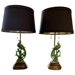 Antique Pair of Carved Jade Phoenix Lamps