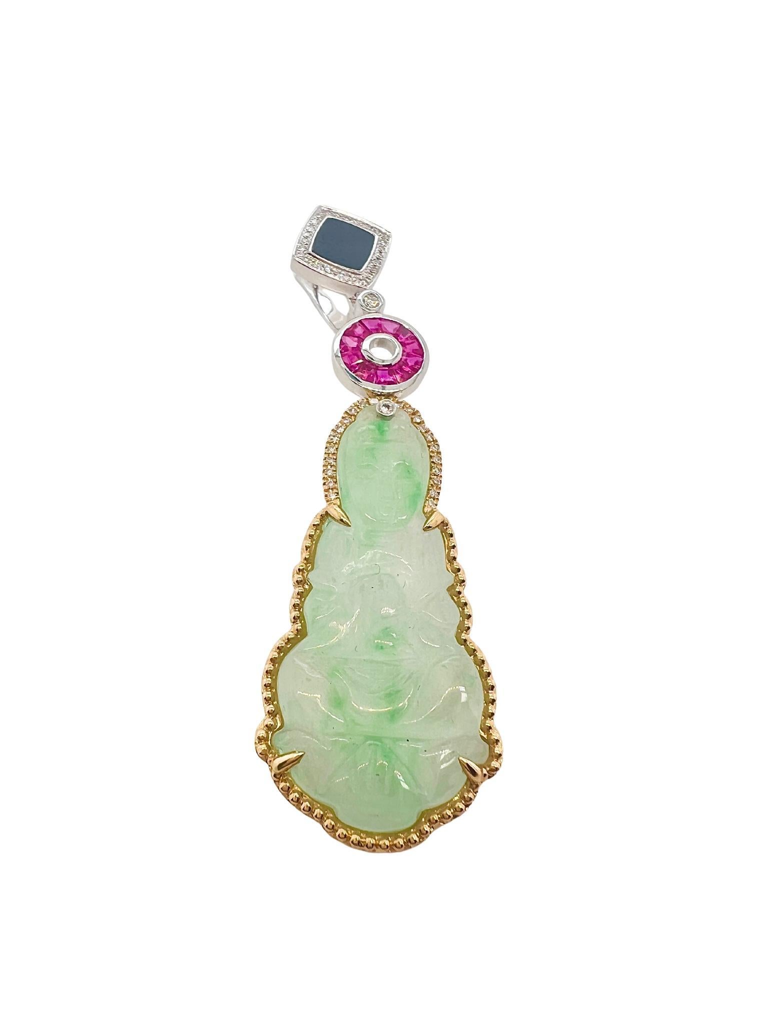 Pair of Carved Jade, Two-Color Gold, Ruby, Onyx, and Diamond Pendant Earrings

Details:
14 kt. yellow and white gold, 2 carved jade Buddhas ap. 37.0 x16.0 mm., fancy-shaped rubies, 2 square black onyx plaques, small round diamonds.
Length of the