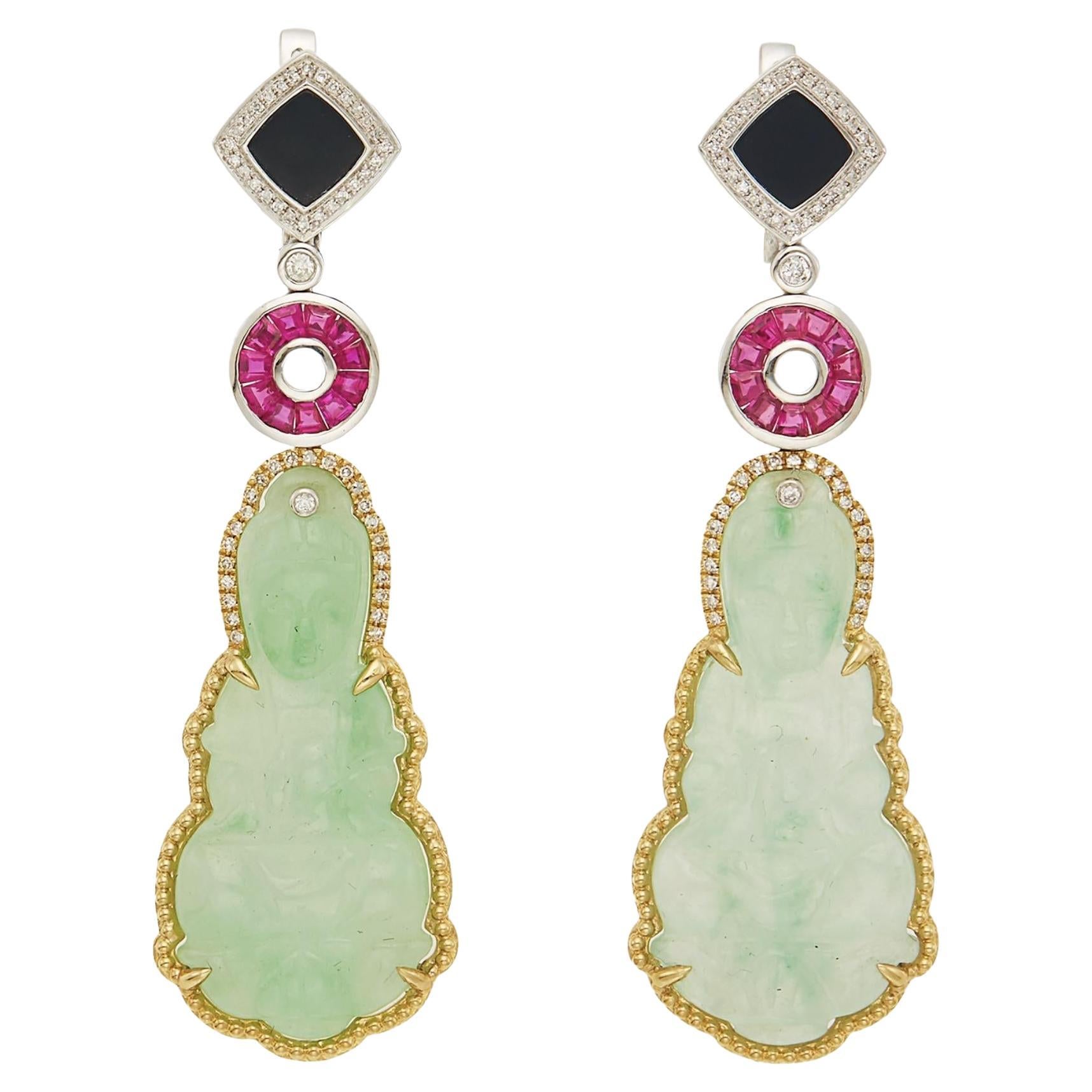 Pair of Carved Jade, Two-Color Gold, Ruby, Onyx, and Diamond Pendant Earrings For Sale