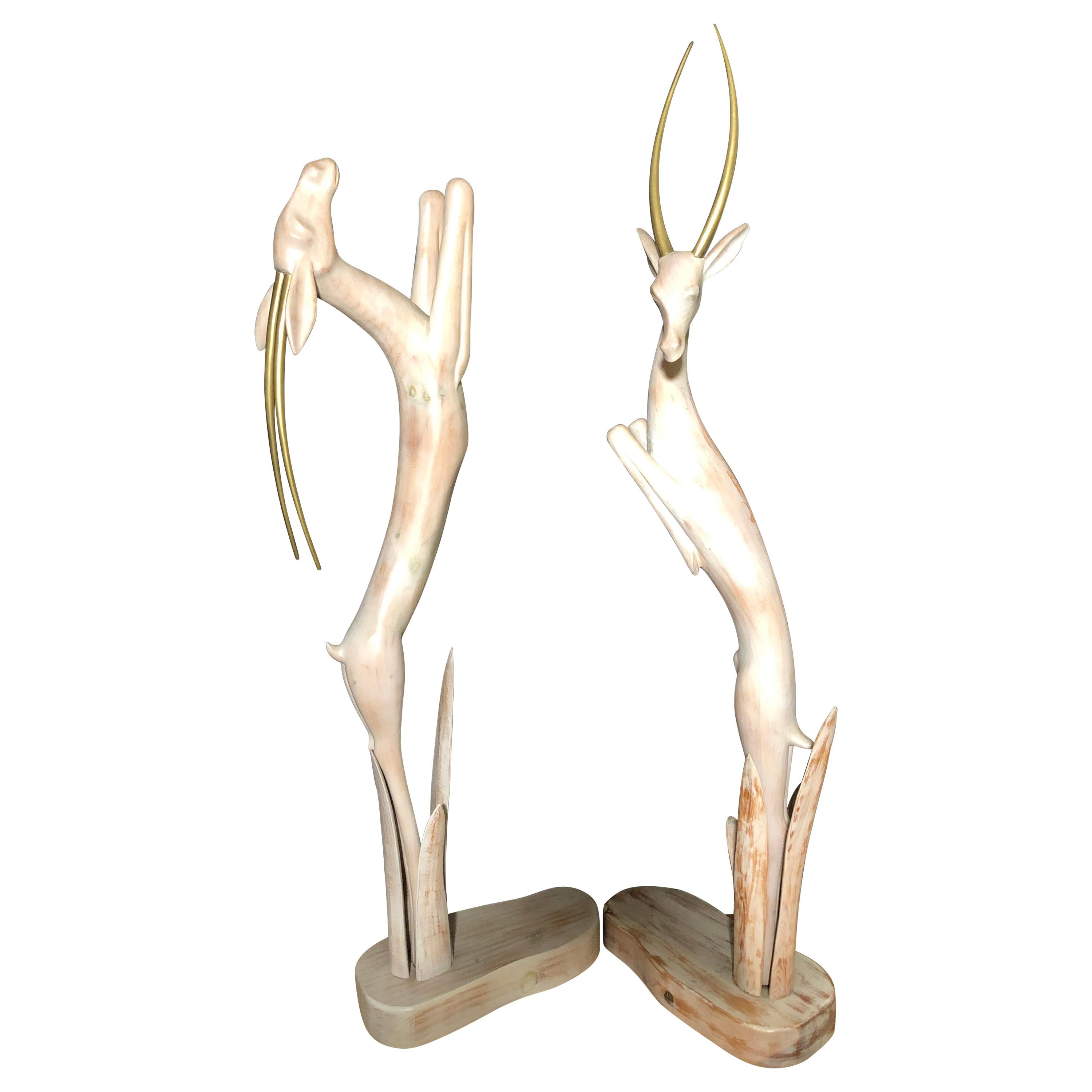 Pair of Carved Life-Size Gazelles