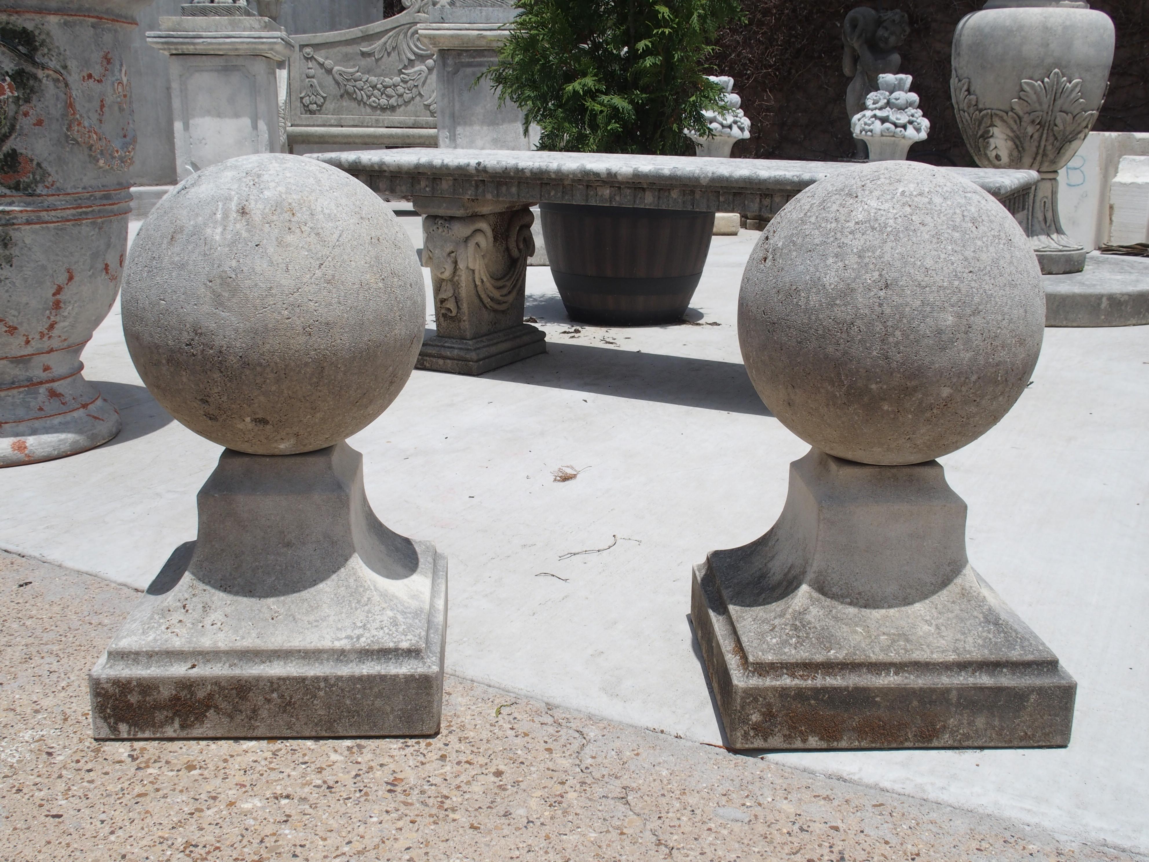 Italian Pair of Carved Limestone Ball Finials from Italy