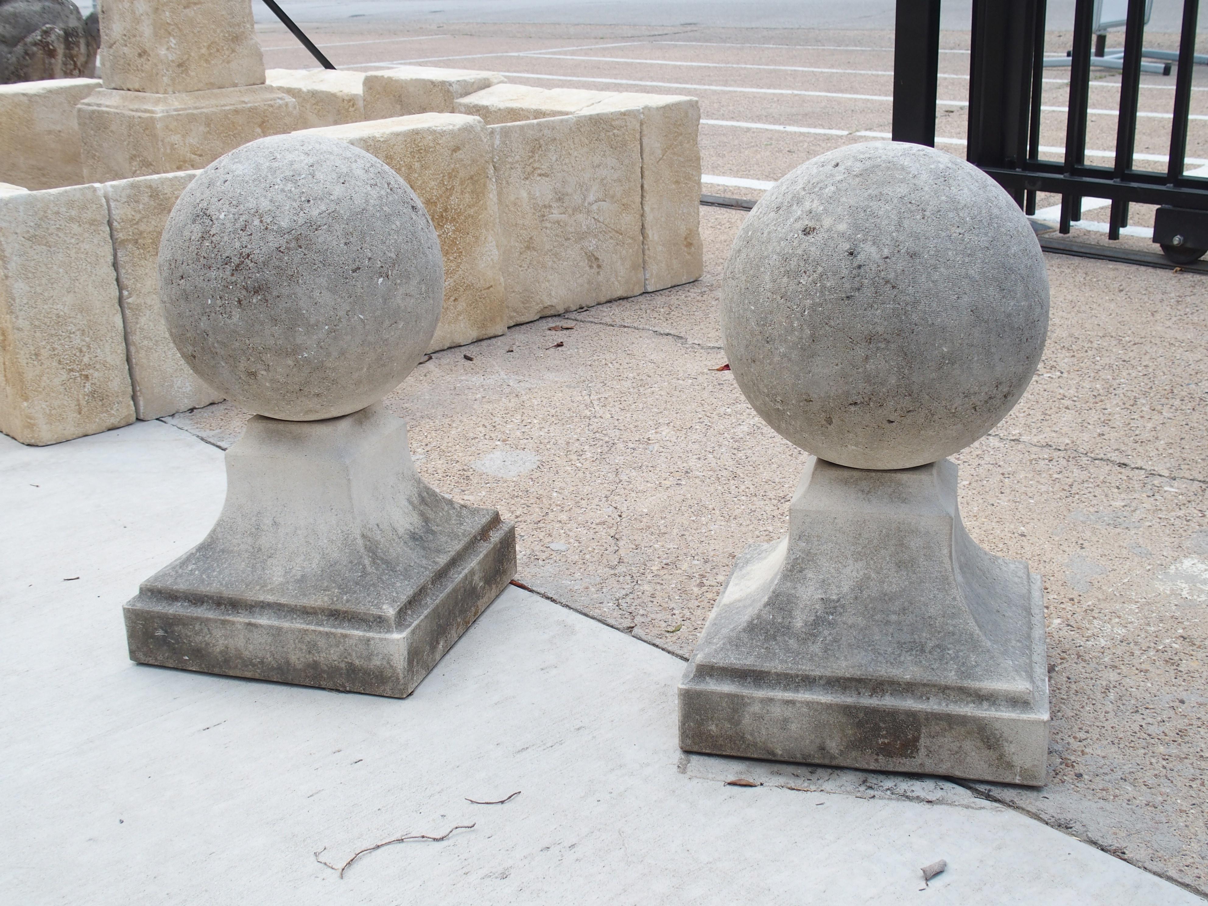 Pair of Carved Limestone Ball Finials from Italy 2