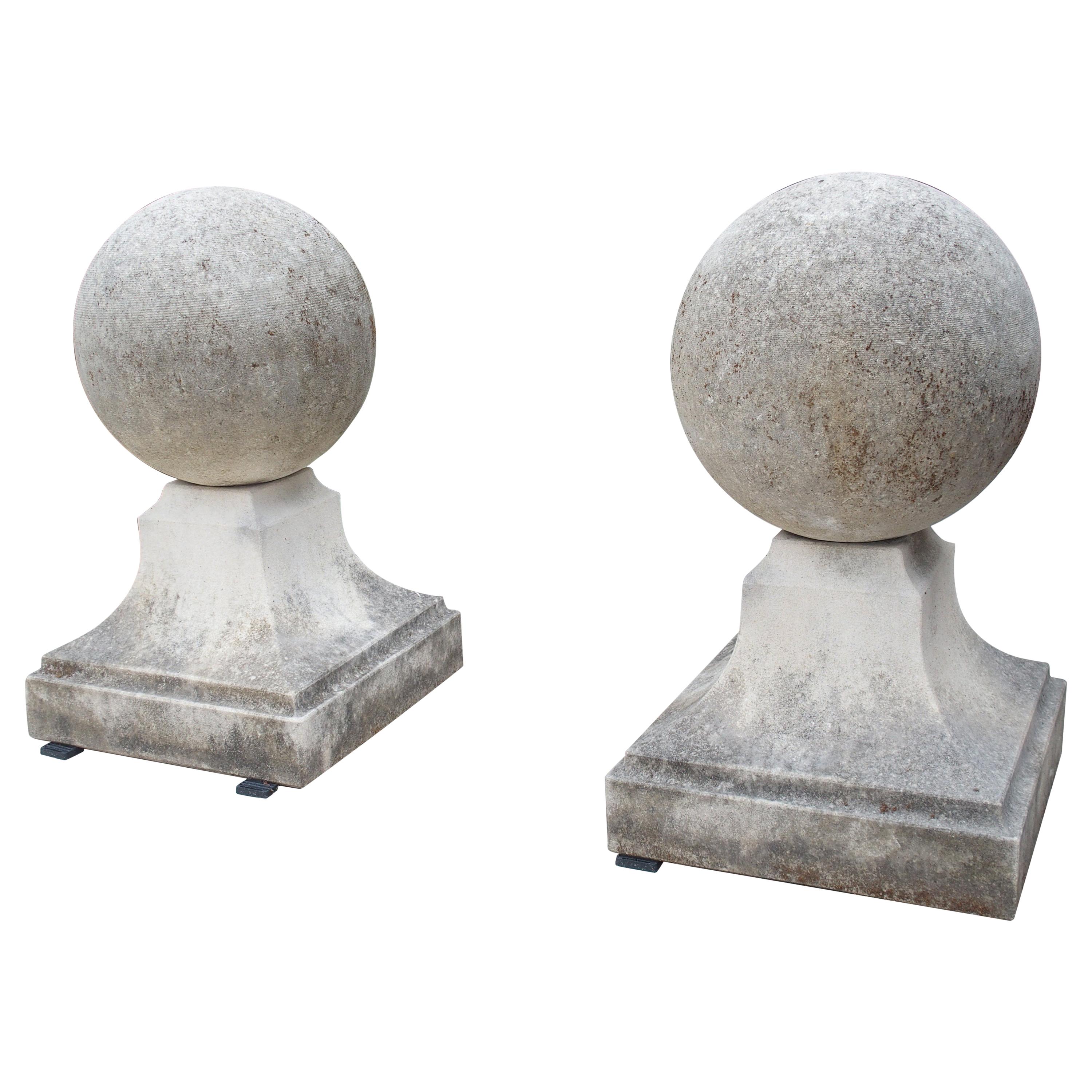 Pair of Carved Limestone Ball Finials from Italy
