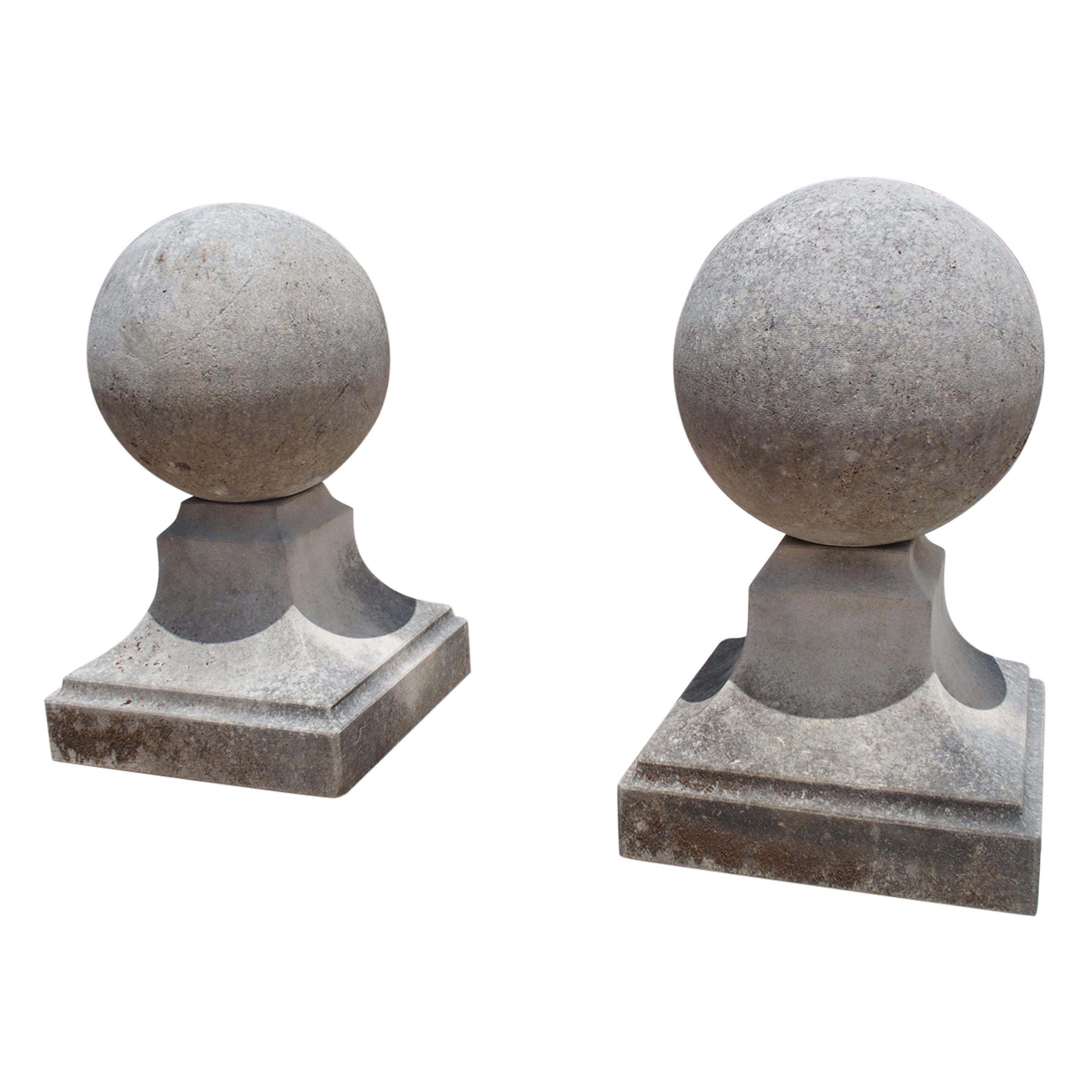Pair of Carved Limestone Ball Finials from Italy