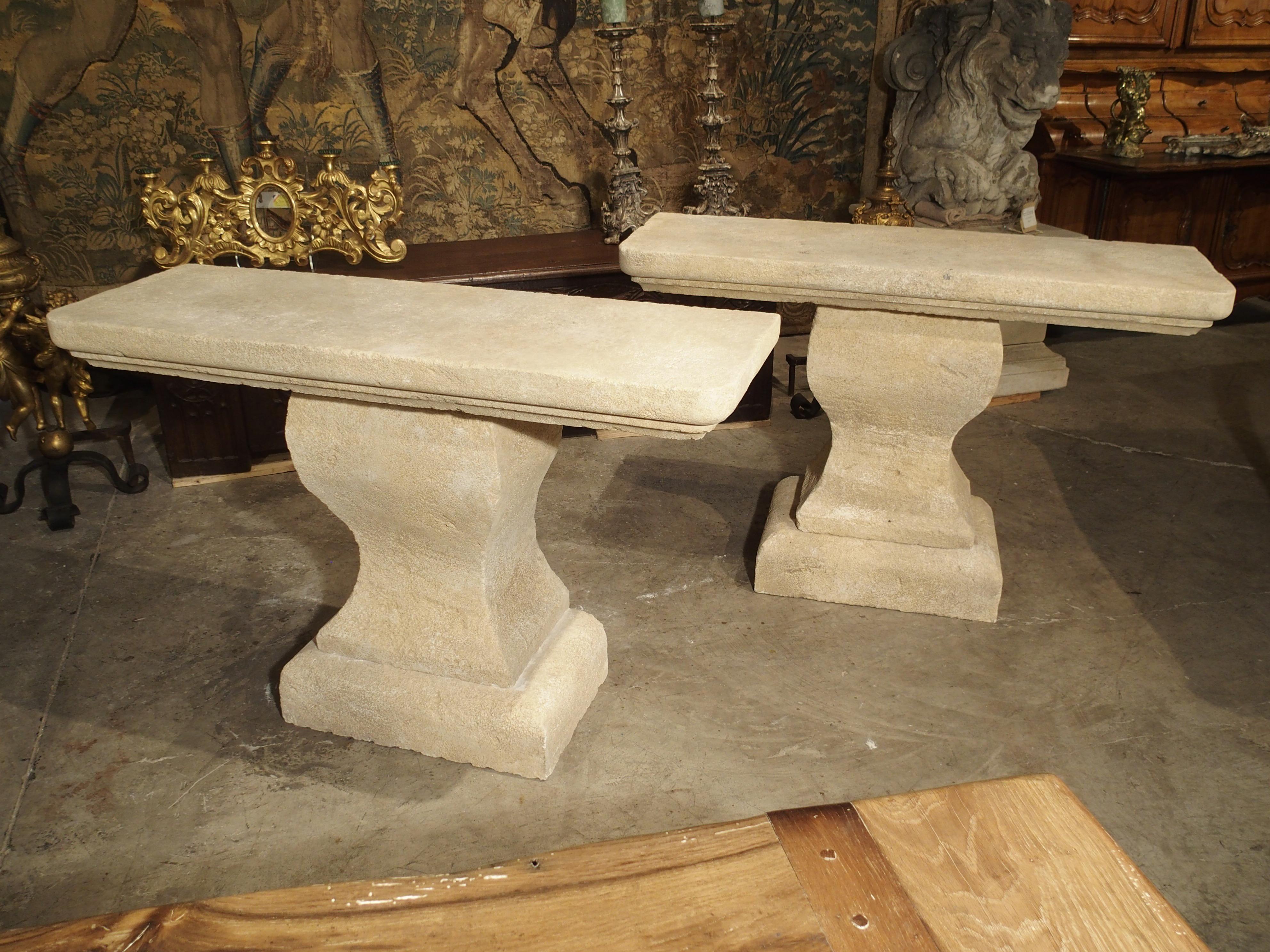 Pair of Carved Limestone Console Tables from Provence, France 10