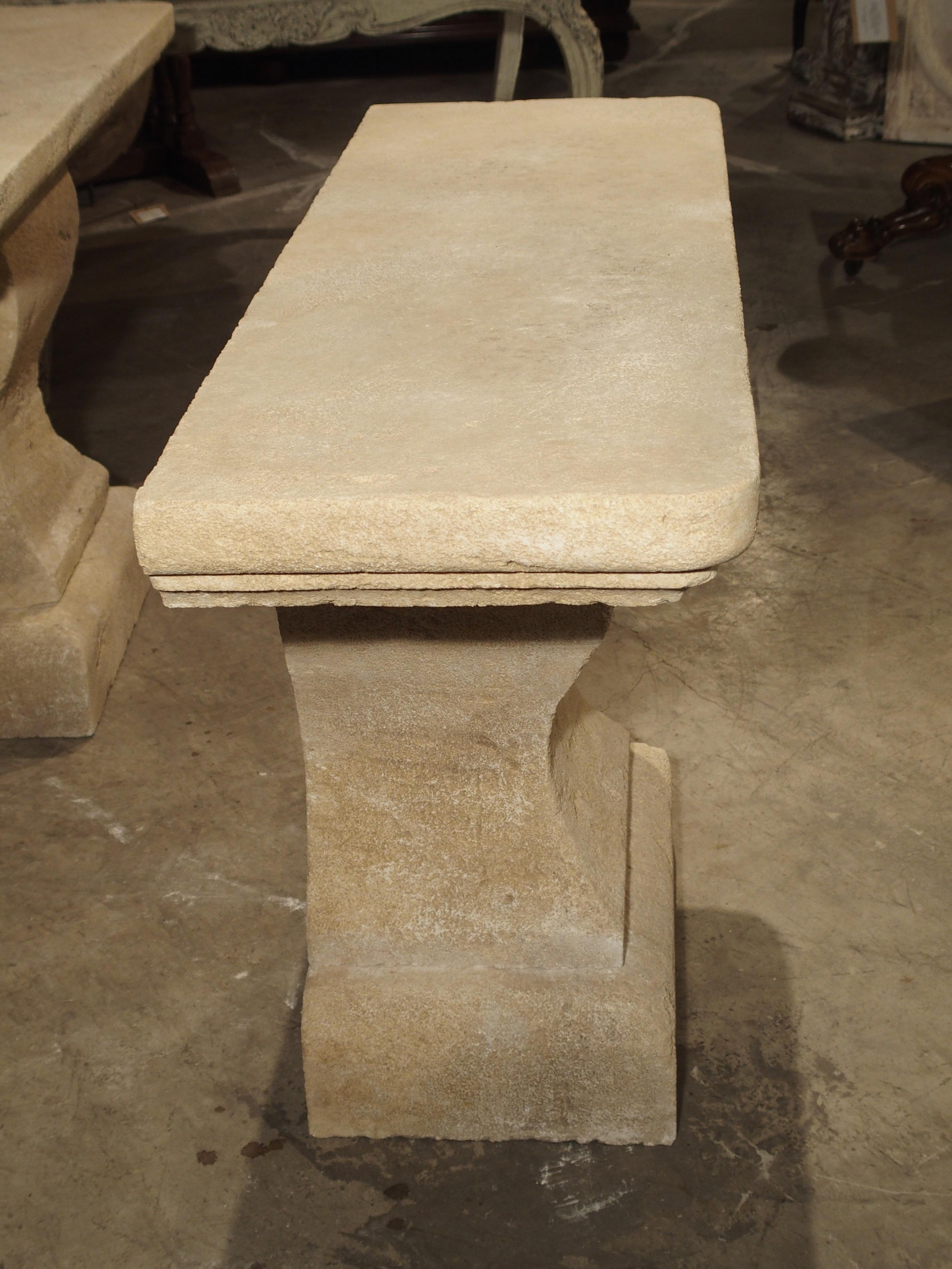 This pair of limestone console tables was made in the South of France. They are extremely versatile because their lines are simple allowing them to go with almost any style of home or garden. Also, with their narrow depth, they can easily fit into