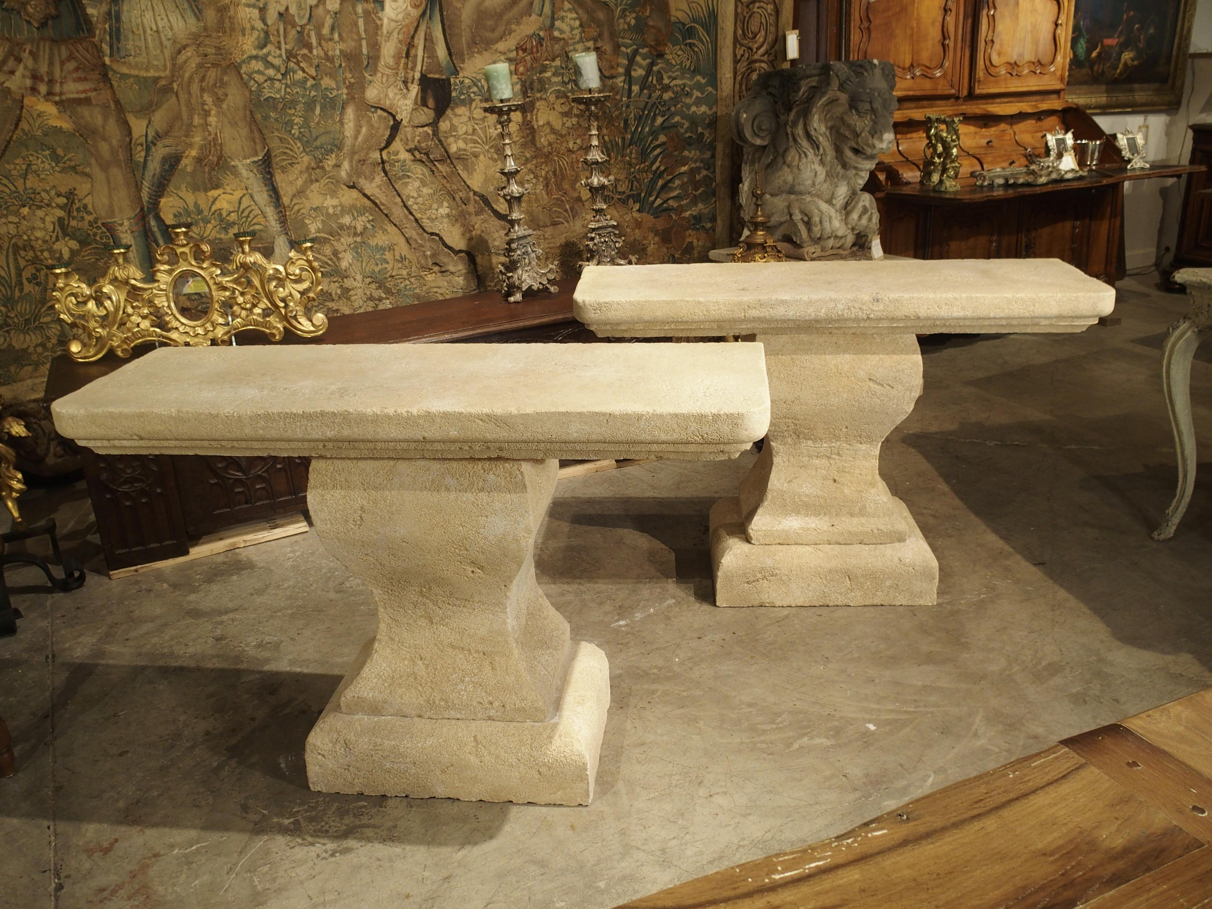 Contemporary Pair of Carved Limestone Console Tables from Provence, France