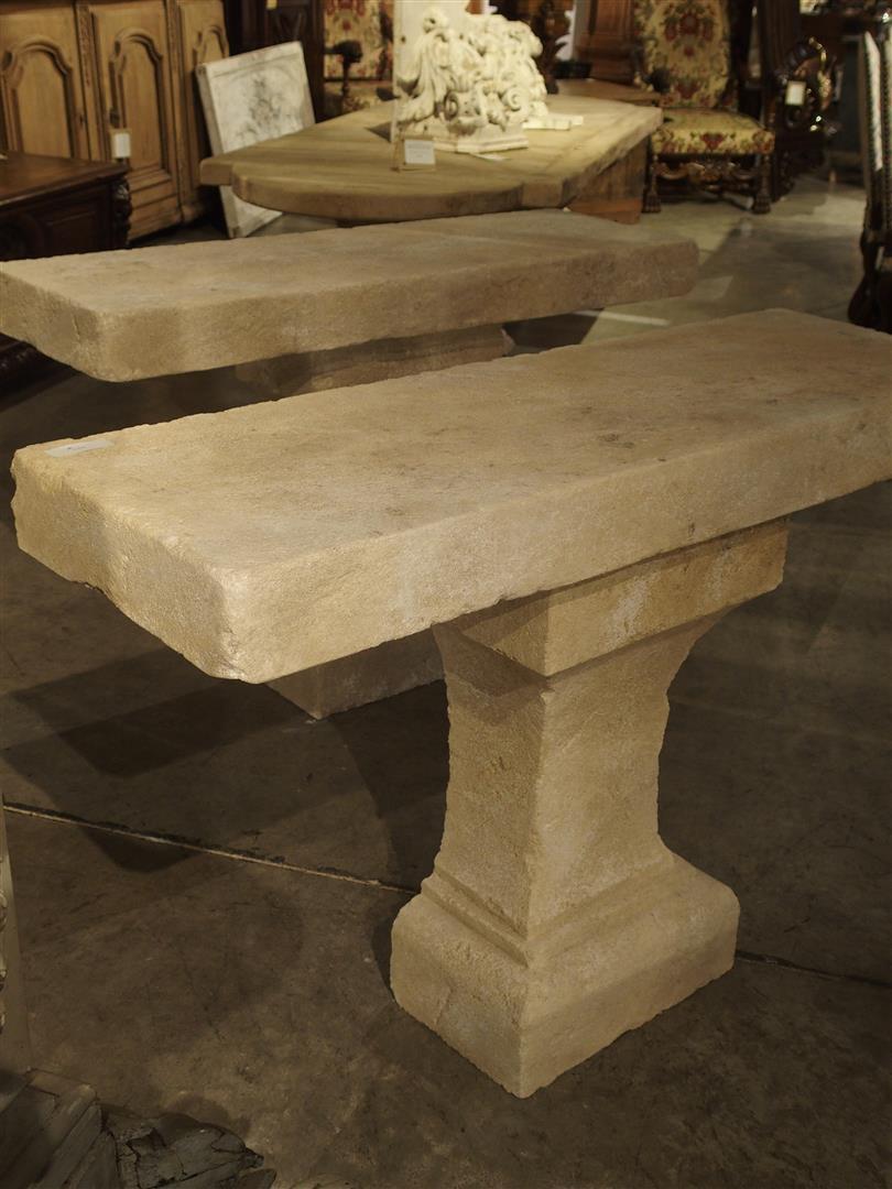 French Pair of Carved Limestone Console Tables from the South of France