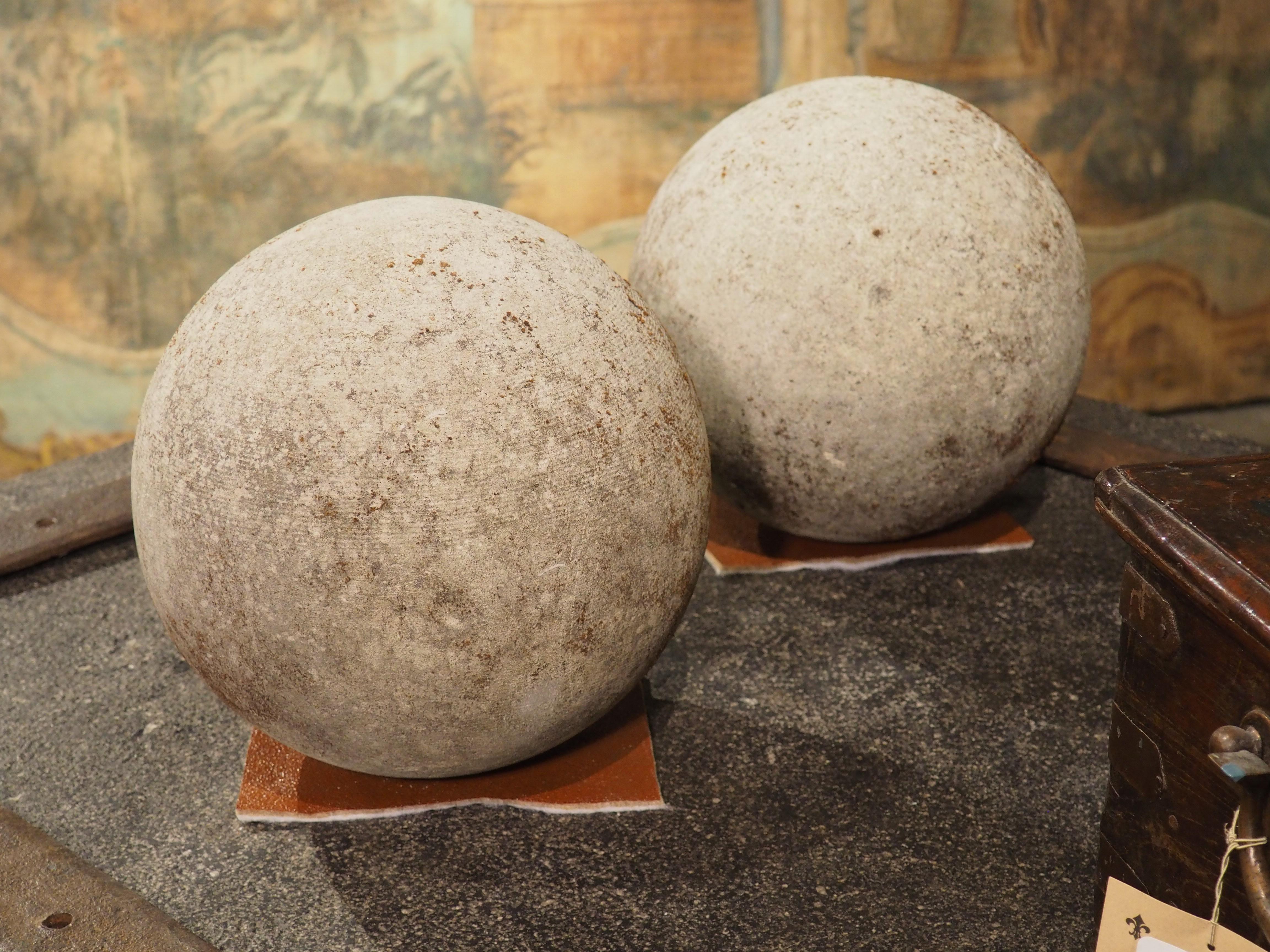 Contemporary Pair of Carved Limestone Garden Spheres from Italy