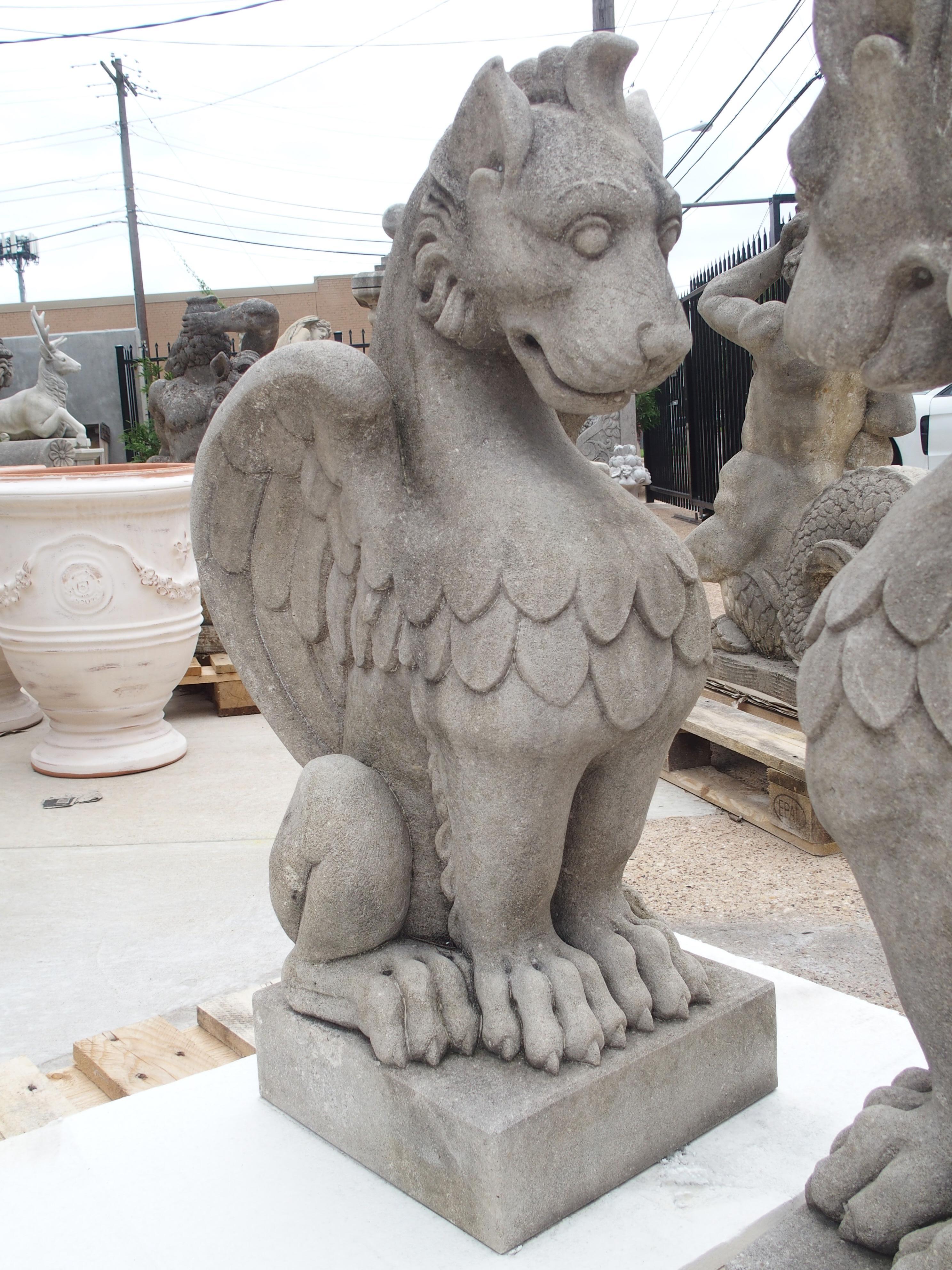 Contemporary Pair of Carved Limestone Gargoyle Statues