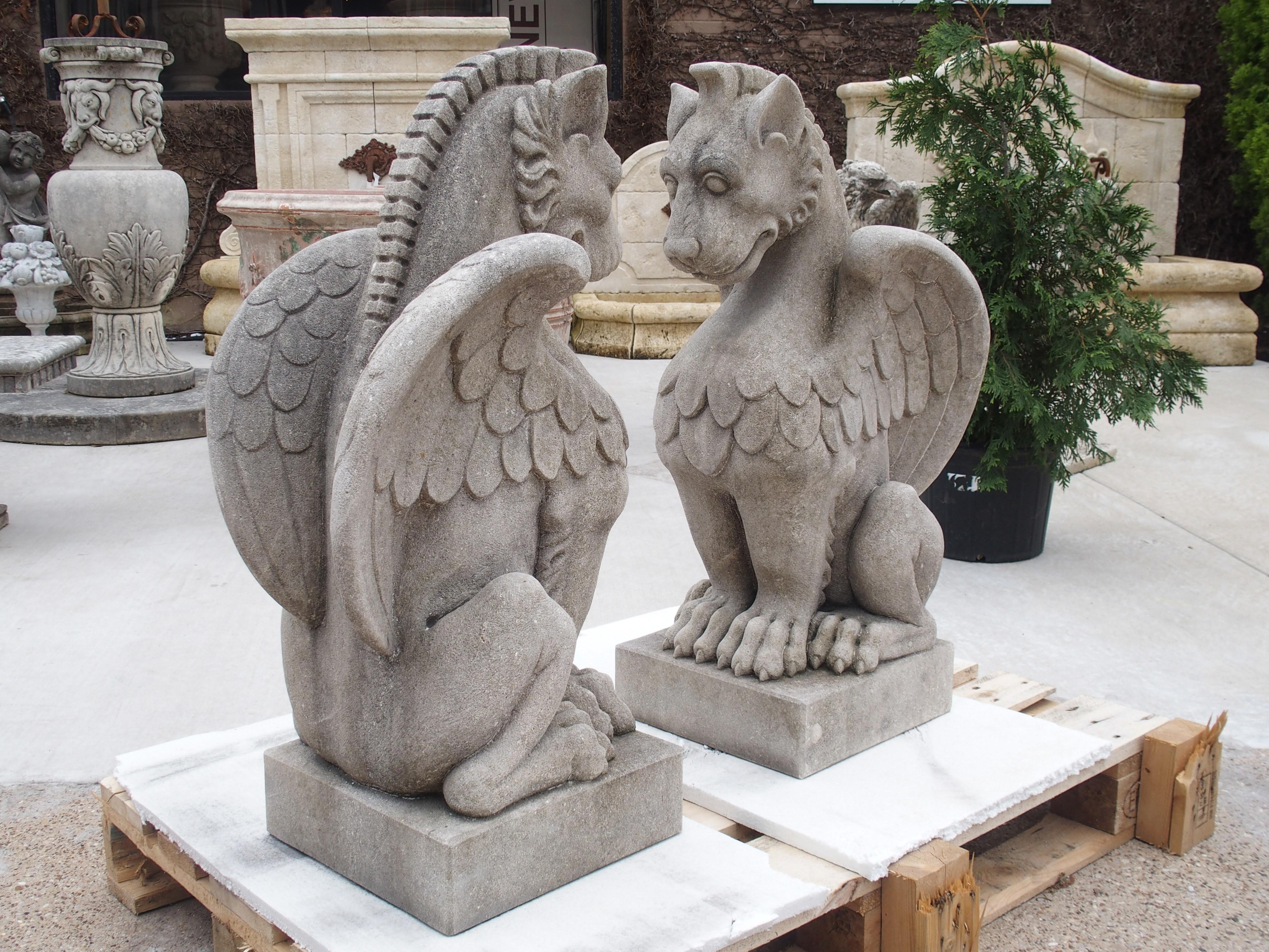 Pair of Carved Limestone Gargoyle Statues 4