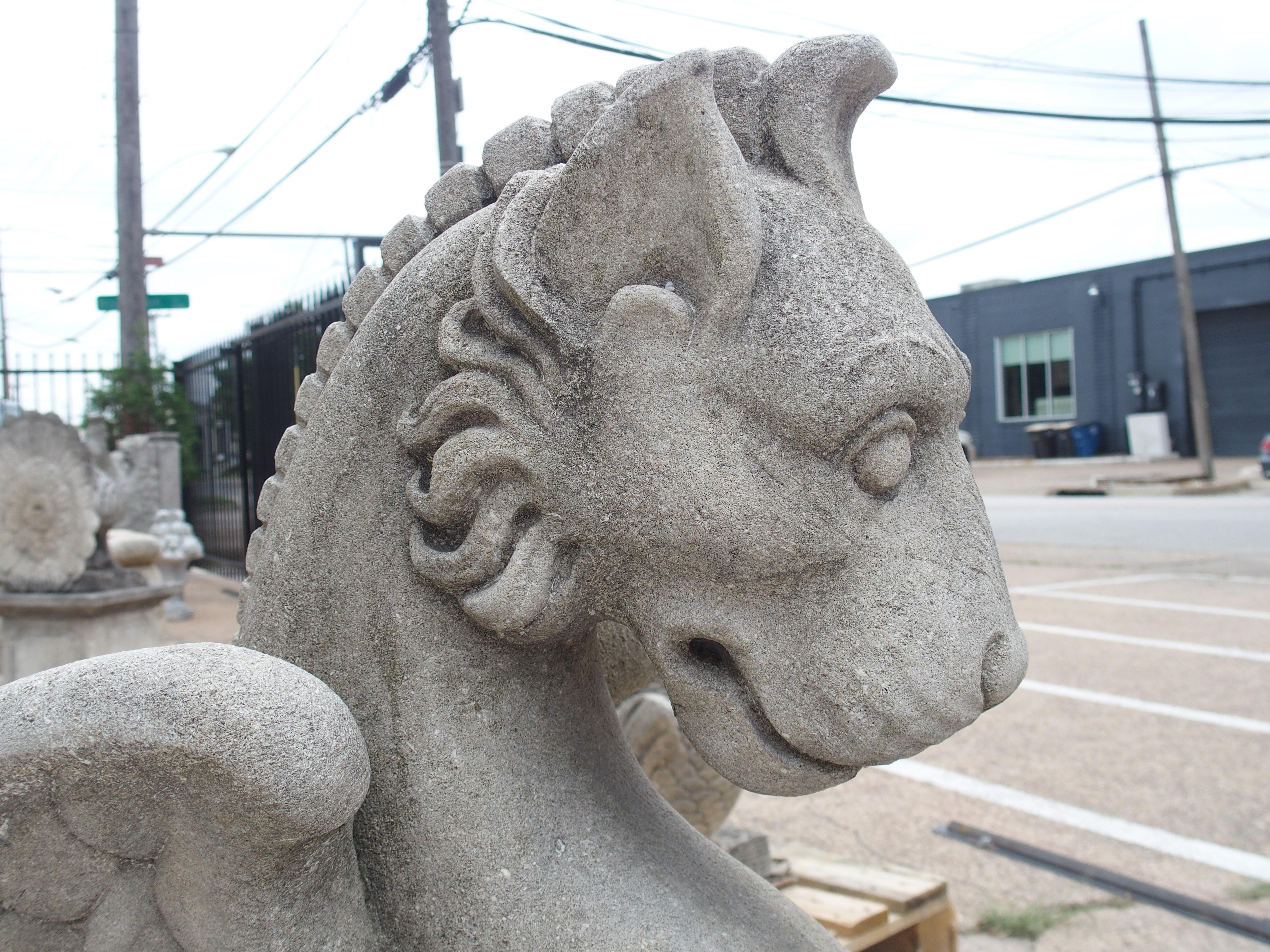 Hand-Carved Pair of Carved Limestone Gargoyle Statues