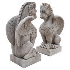 Pair of Carved Limestone Gargoyle Statues