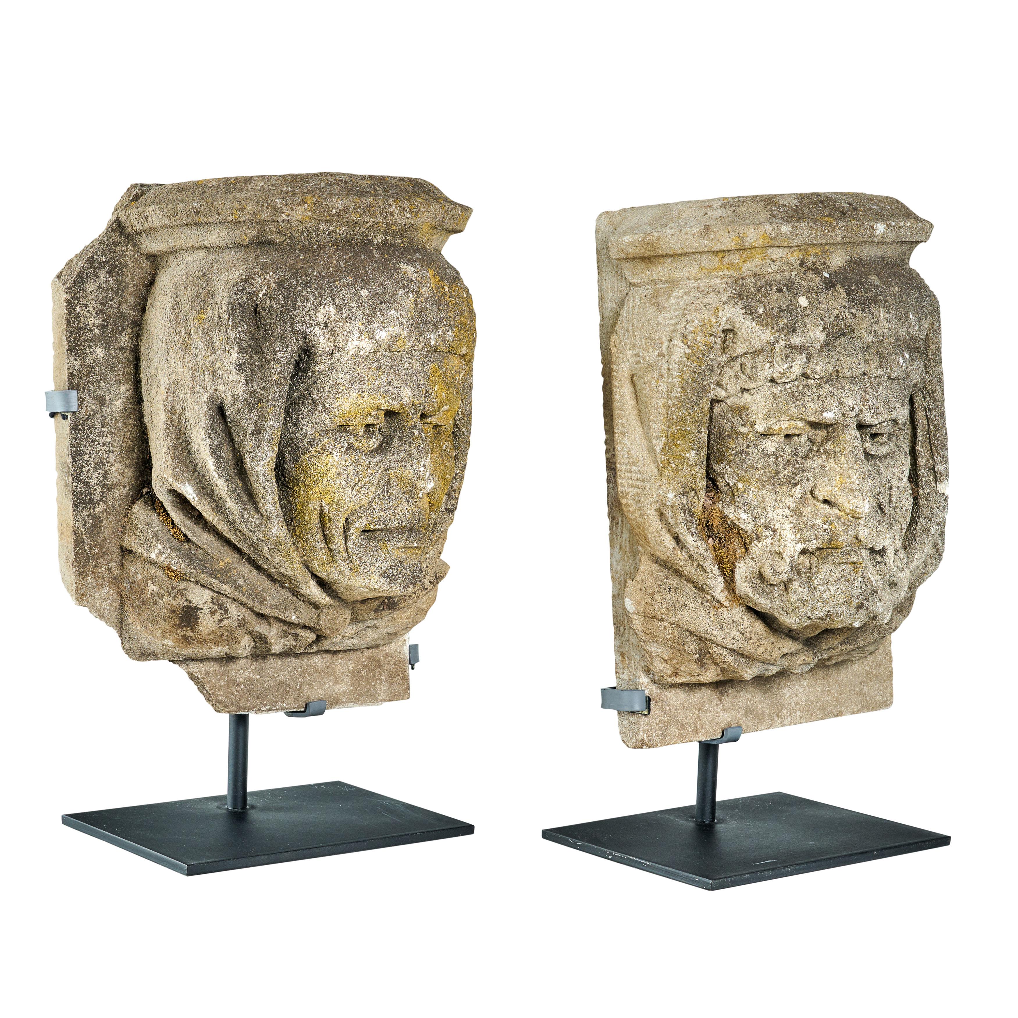 American Pair of Carved Limestone Heads from a Building Facade For Sale
