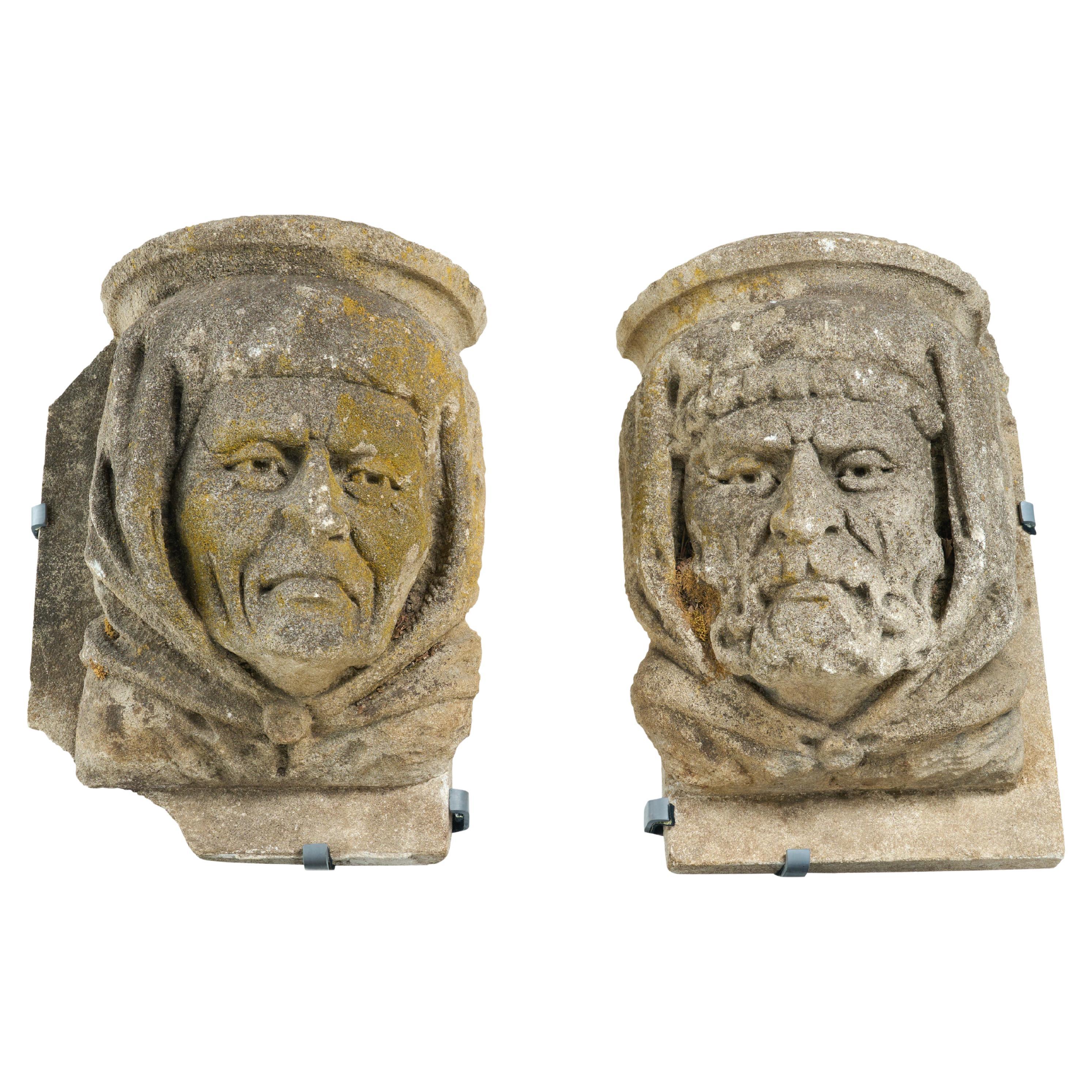 Pair of Carved Limestone Heads from a Building Facade For Sale 1