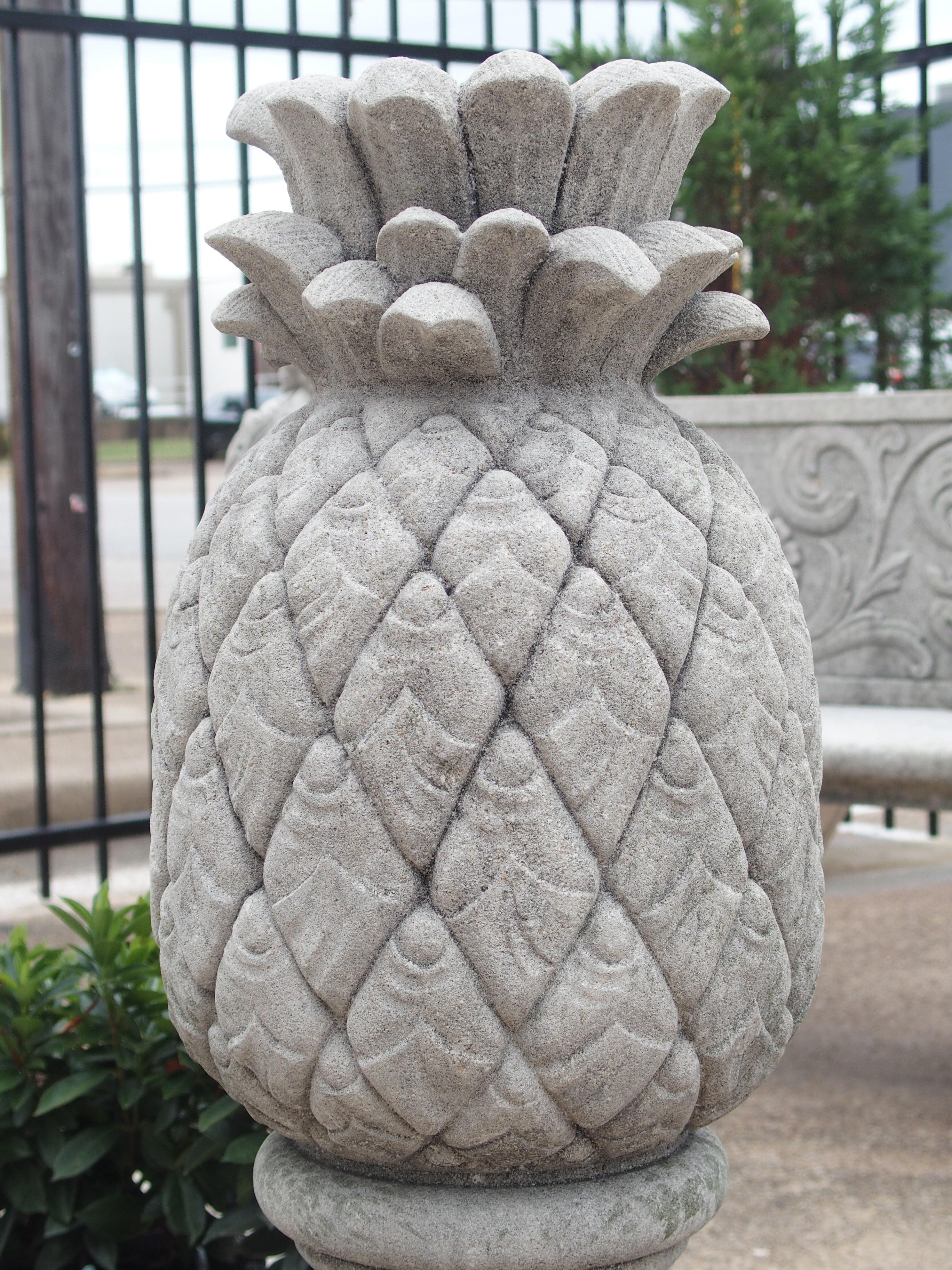 Pair of Carved Limestone Pineapple Finials on Pedestals 3