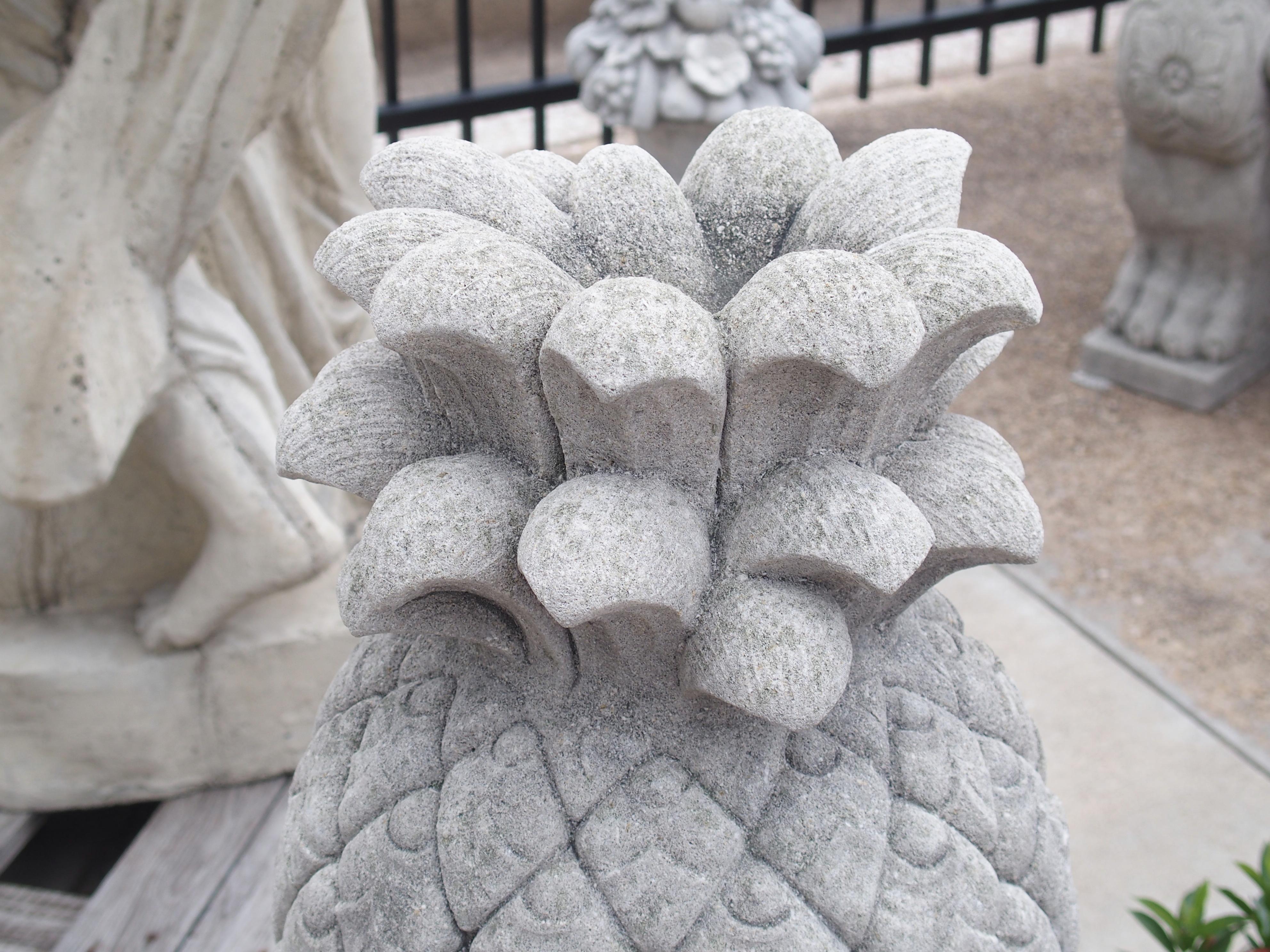 Pair of Carved Limestone Pineapple Finials on Pedestals 4