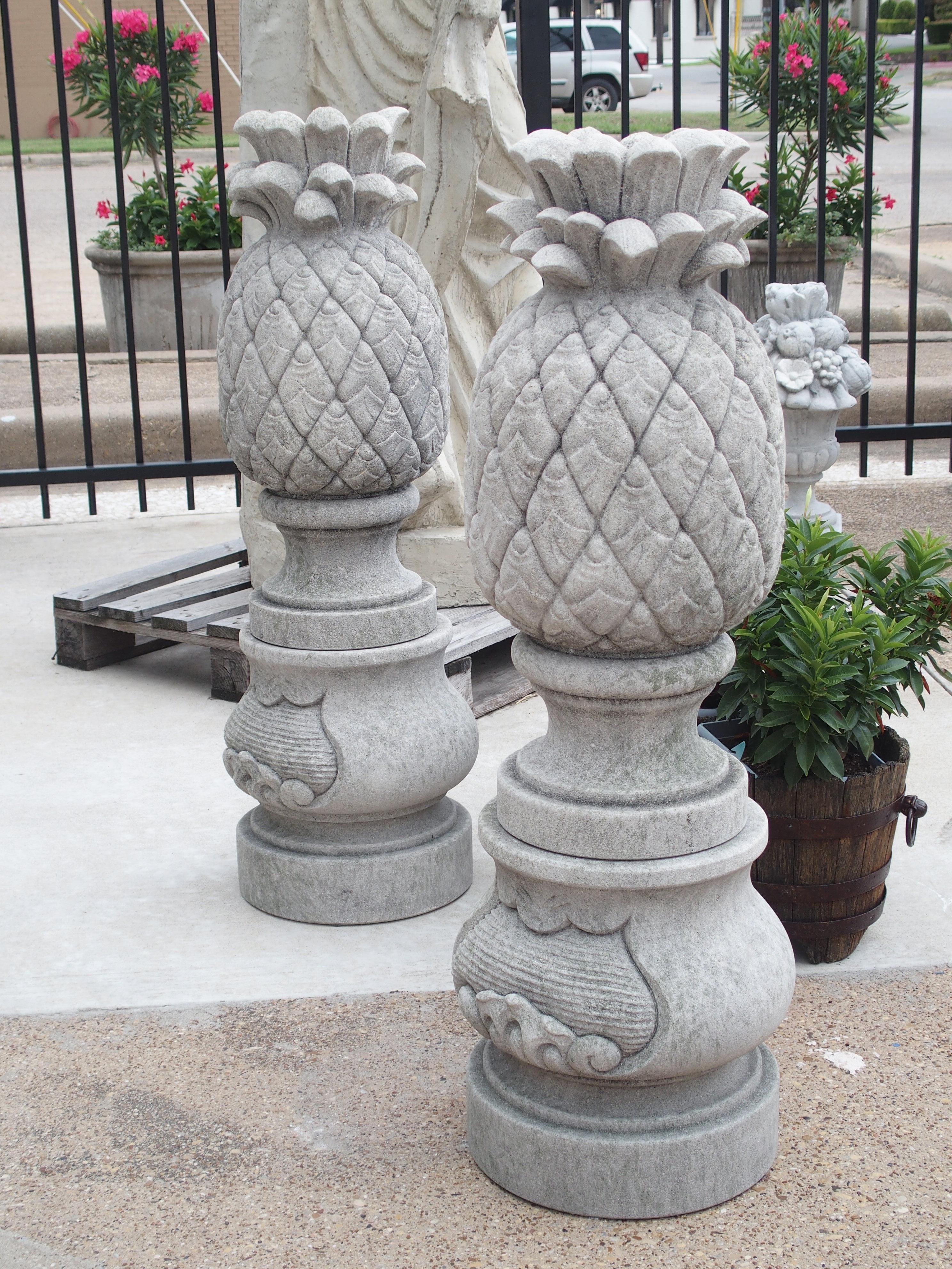 Pair of Carved Limestone Pineapple Finials on Pedestals 5
