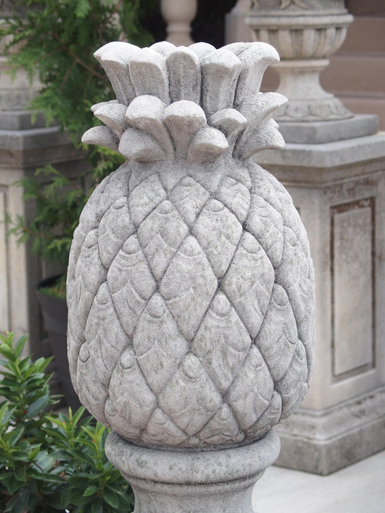 Pair of Carved Limestone Pineapple Finials on Pedestals For Sale at 1stDibs