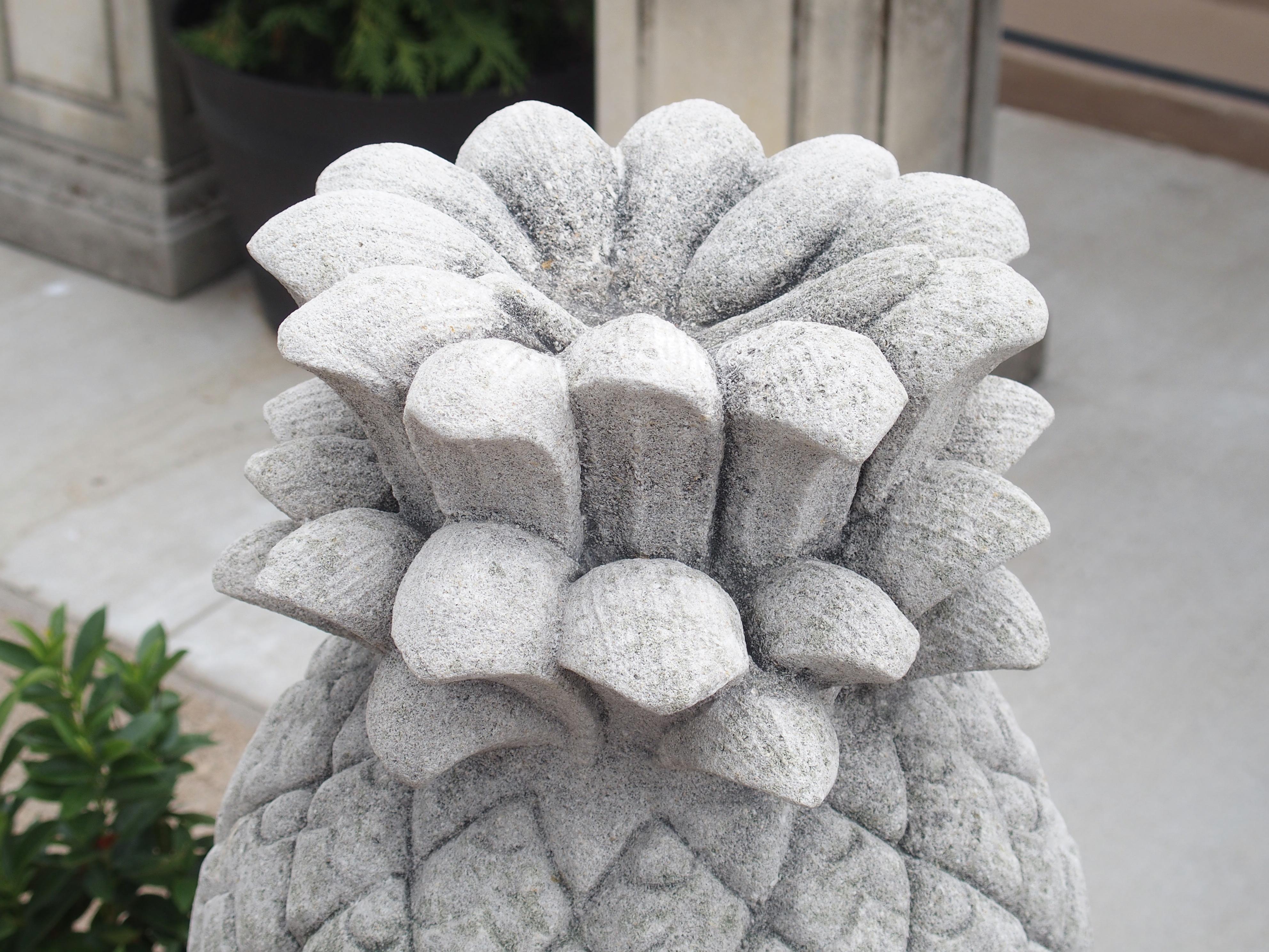 Italian Pair of Carved Limestone Pineapple Finials on Pedestals