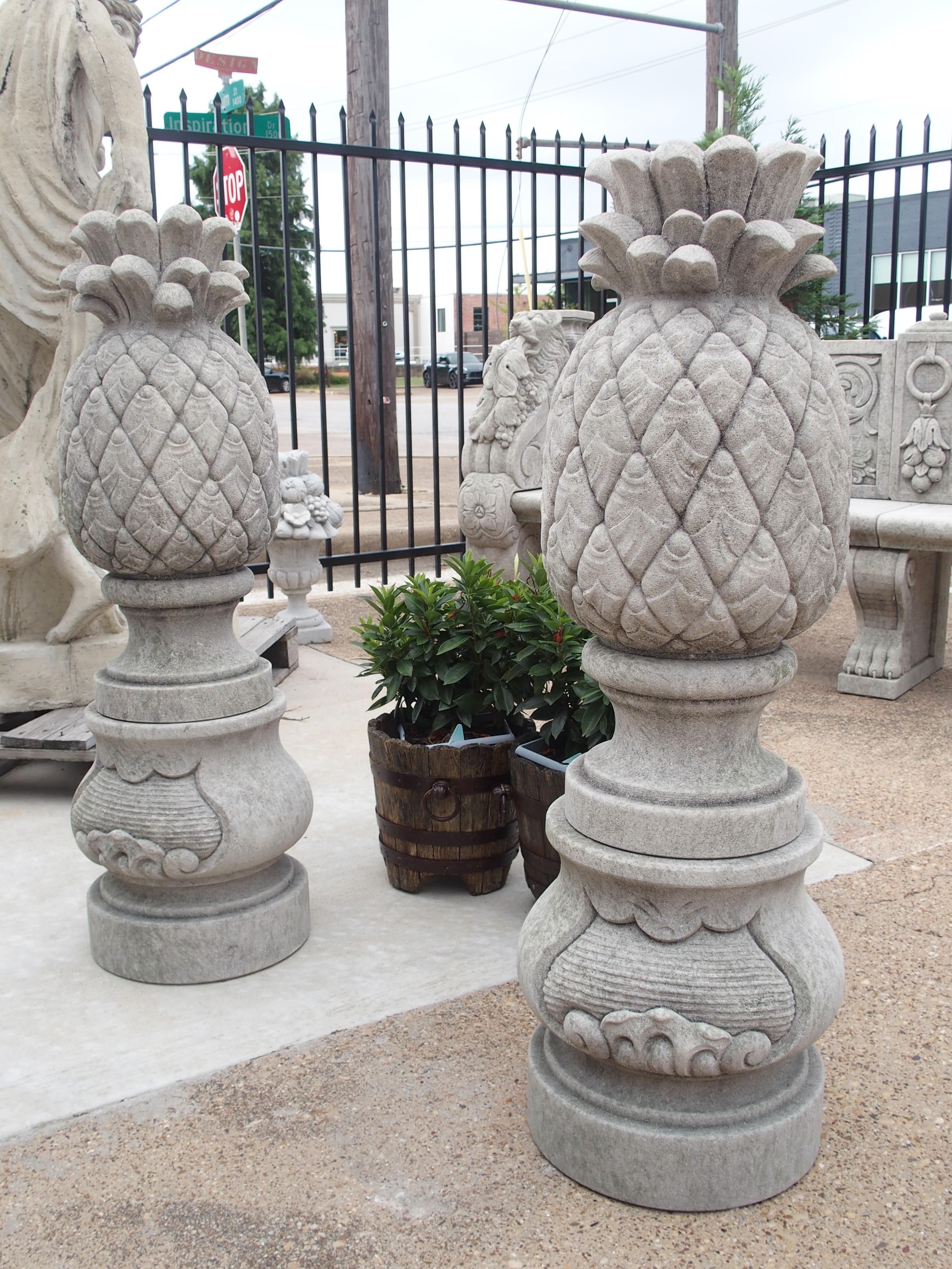 Hand-Carved Pair of Carved Limestone Pineapple Finials on Pedestals