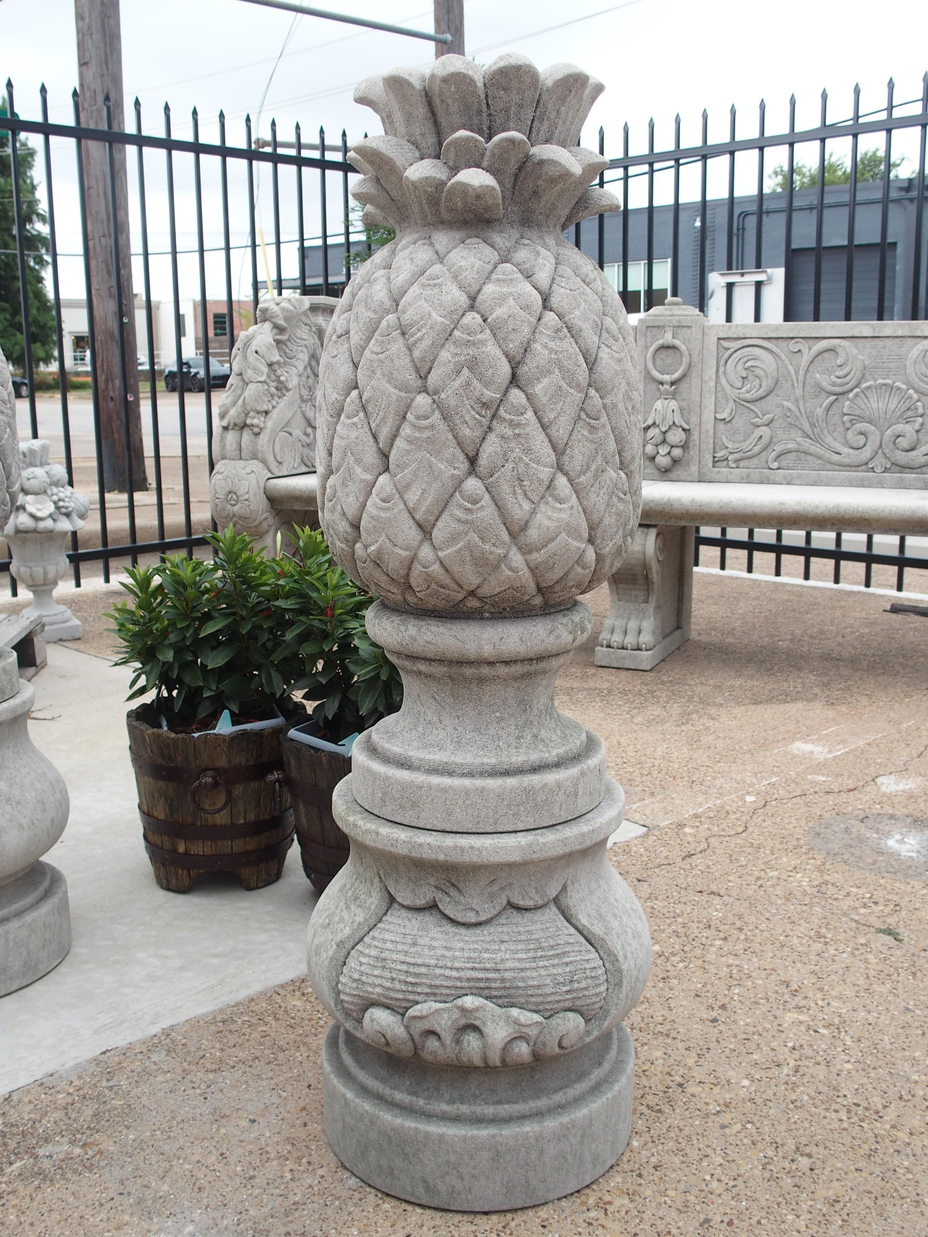 Pair of Carved Limestone Pineapple Finials on Pedestals In Good Condition In Dallas, TX