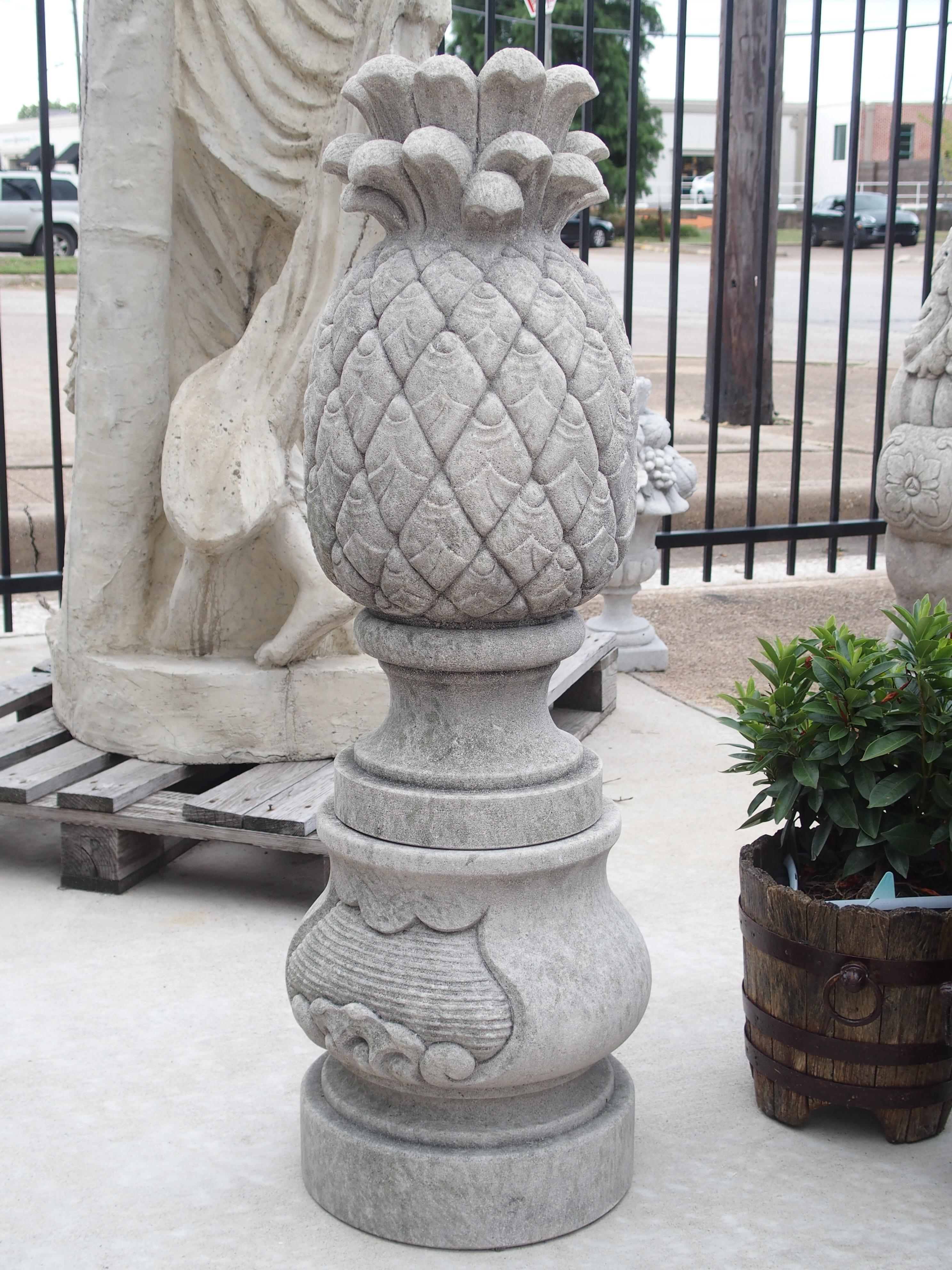 Contemporary Pair of Carved Limestone Pineapple Finials on Pedestals