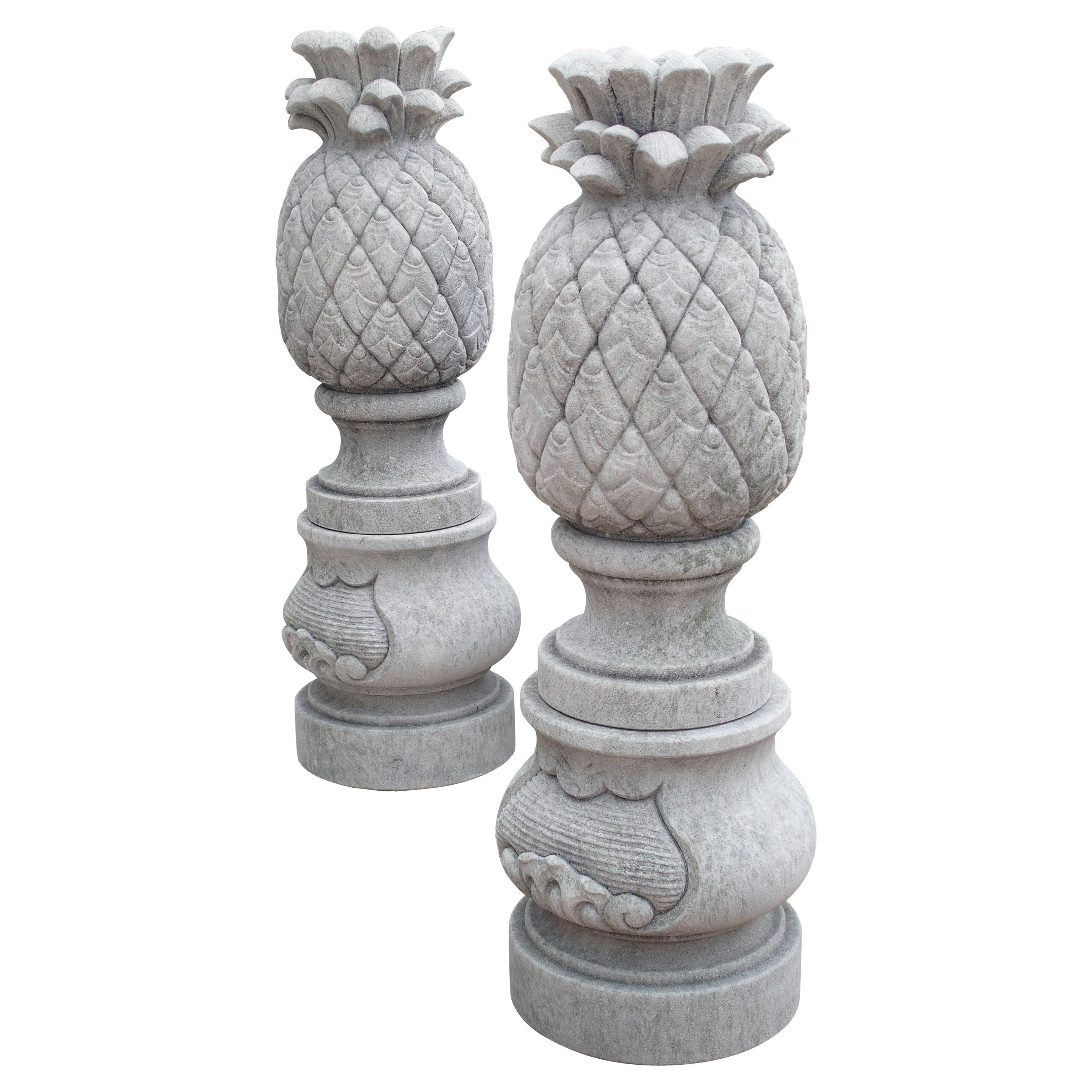 Pair of Carved Limestone Pineapple Finials on Pedestals