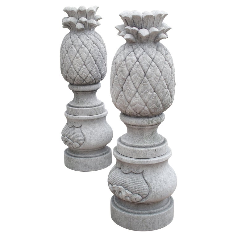 Pair of Carved Limestone Pineapple Finials on Pedestals For Sale at 1stDibs